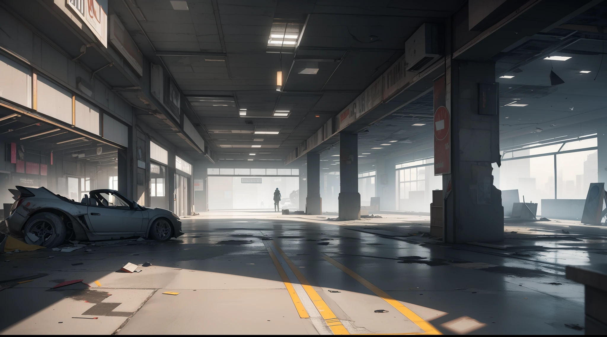 3D Model HD Rendering, Architectural Rendering, Right Angle Isometric View, 45 Degree Angle, (Gray Background), High Detail, Cinematic, Global Illumination, Realistic Lighting, Unreal Engine Rendering, Substance 3D, Octane Rendering, (HDR:1.3), (Cluttered Dilapidated Street Shops, All Over the Floor), Crash, Combat Damage Style, Overgrown