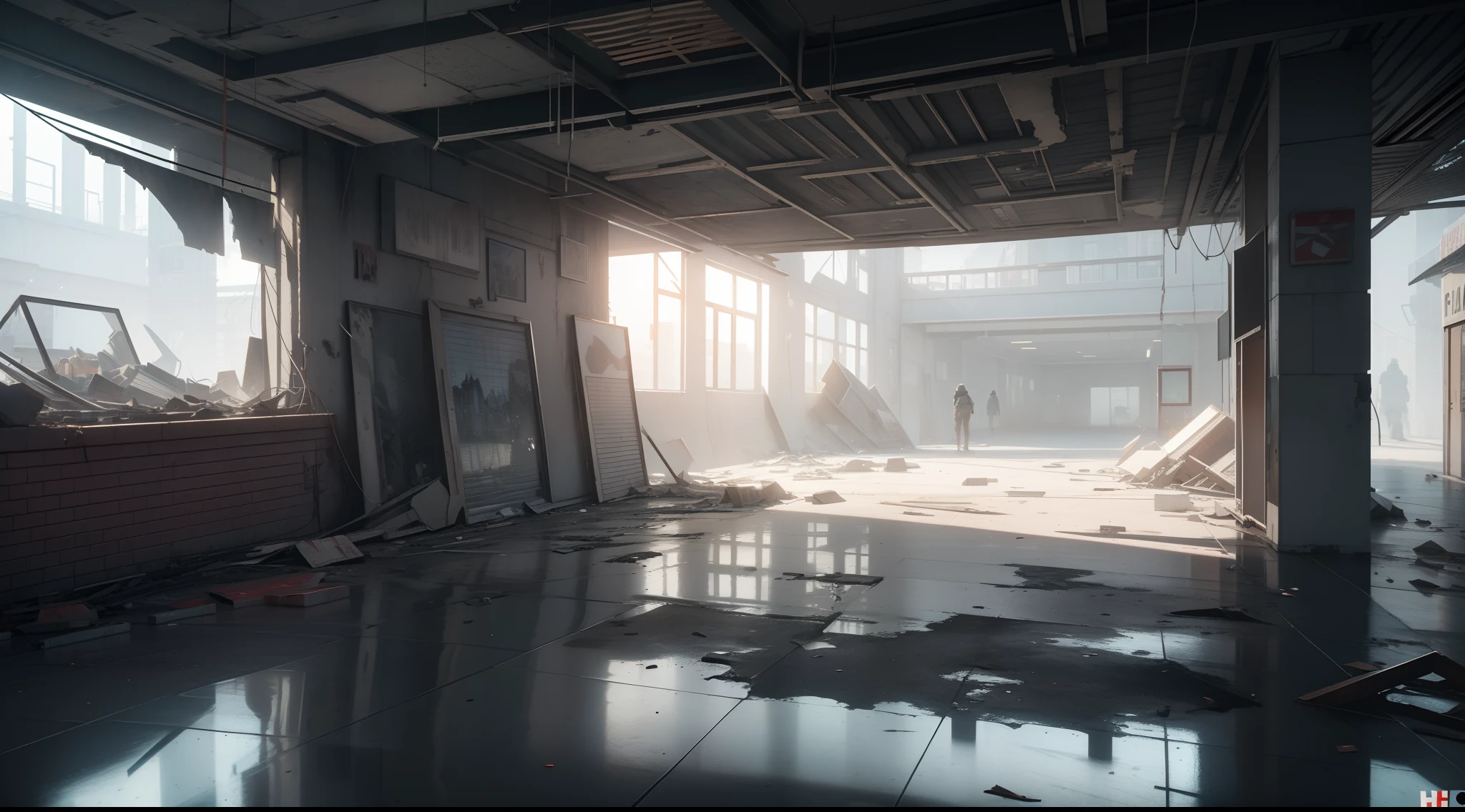 3D Model HD Rendering, Architectural Rendering, Right Angle Isometric View, 45 Degree Angle, (Gray Background), High Detail, Cinematic, Global Illumination, Realistic Lighting, Unreal Engine Rendering, Substance 3D, Octane Rendering, (HDR:1.3), (Cluttered Dilapidated Street Shops, All Over the Floor), Crash, Combat Damage Style, Overgrown