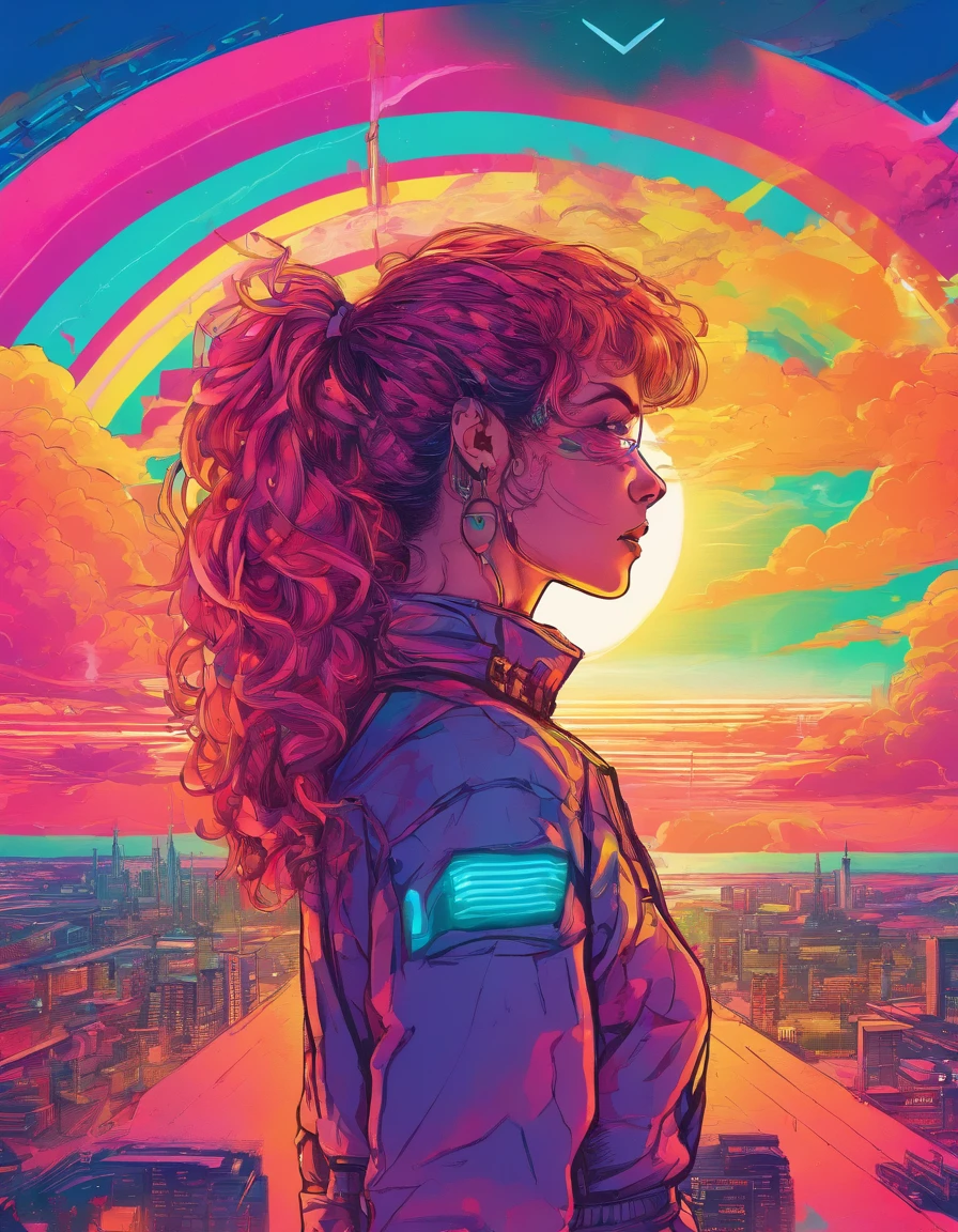 A beautiful girl, windy, detailed rainbow in a sunset, sunbeams, from behind
