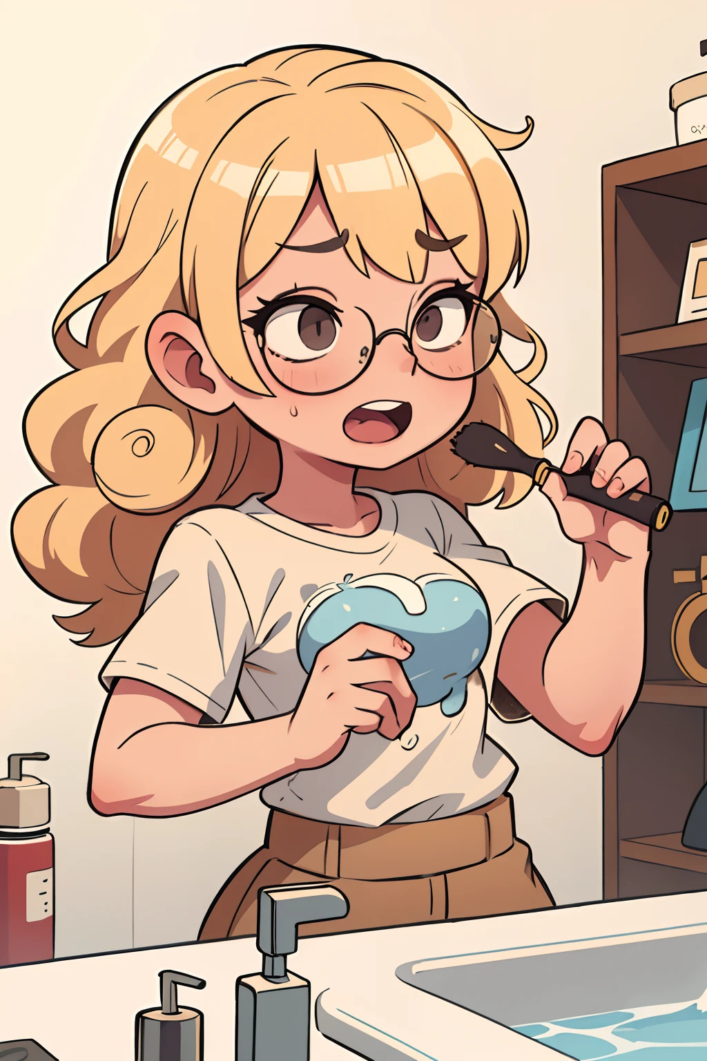 a girl with blonde hair, curly bangs, covered eyes, eyeglasses, Shirt, opened mouth, brushes teeth, in the bathroom