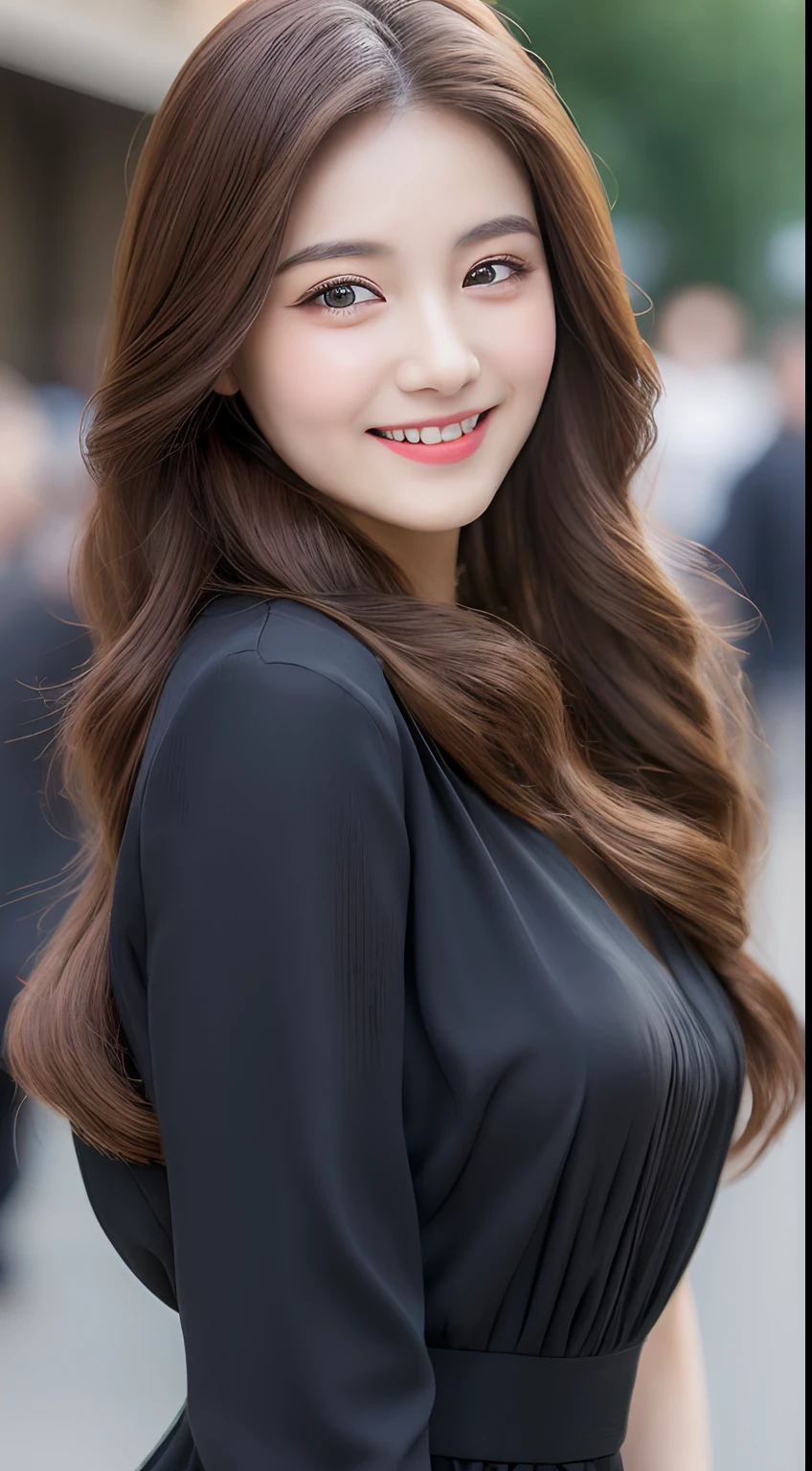 ((Best quality, 8k, Masterpiece :1.3)), 1girl, smiling, full body, slim face, Pretty woman, (Dark brown hair), full length dress :1.1, Ultra-detailed face, Detailed eyes, Double eyelid, blur background, slim face, city, outside, street,