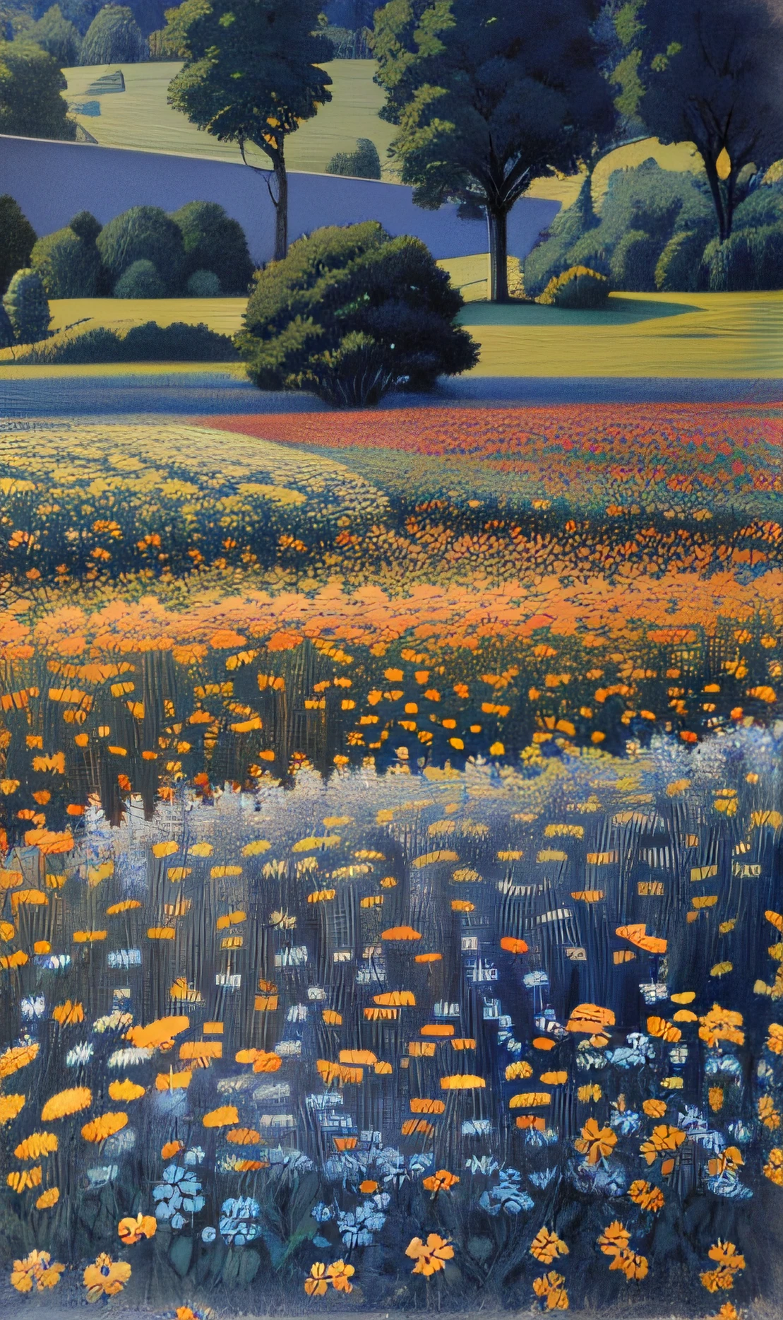 There is a painting of a flower field，Trees in the background, Hasselblassel-Kwas, flower  field, in a field of flowers, author：Charles Kinner, an aesthetic field of flowers, flower  field, field of flowers at night, author：Hasui Kawase, wild flowers field, inspired by Charles Ginner, flower  field, Peter Scoutorp