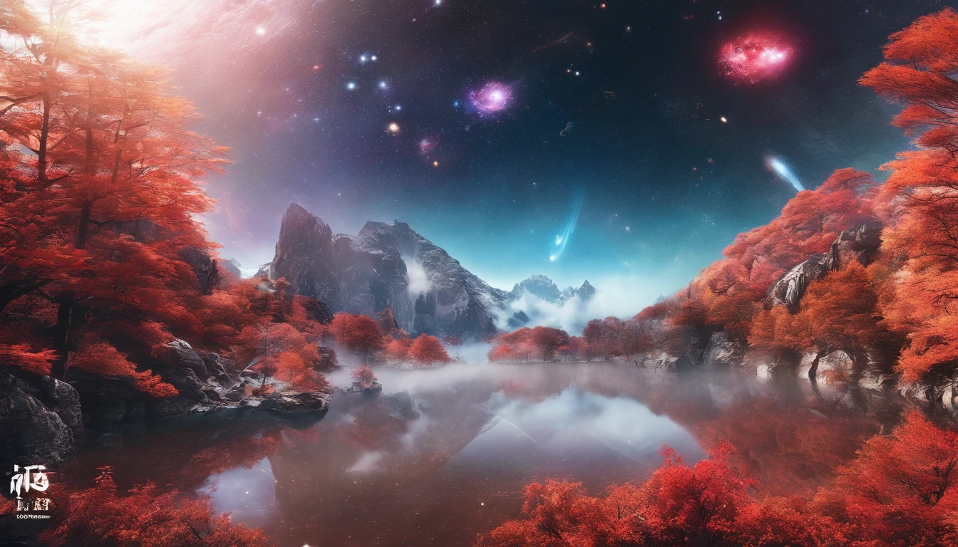 China-style,Ultra-wide angle of view,Beautiful view of autumn,mountain spring,waterfallr,Cloud fog,fall foliage,Fallen leaves all over the ground,oc rendered,high qulity,8K,super-fine,Hyper-realistic,Ultra photo realsisim,35mm camera lens,ultra - detailed