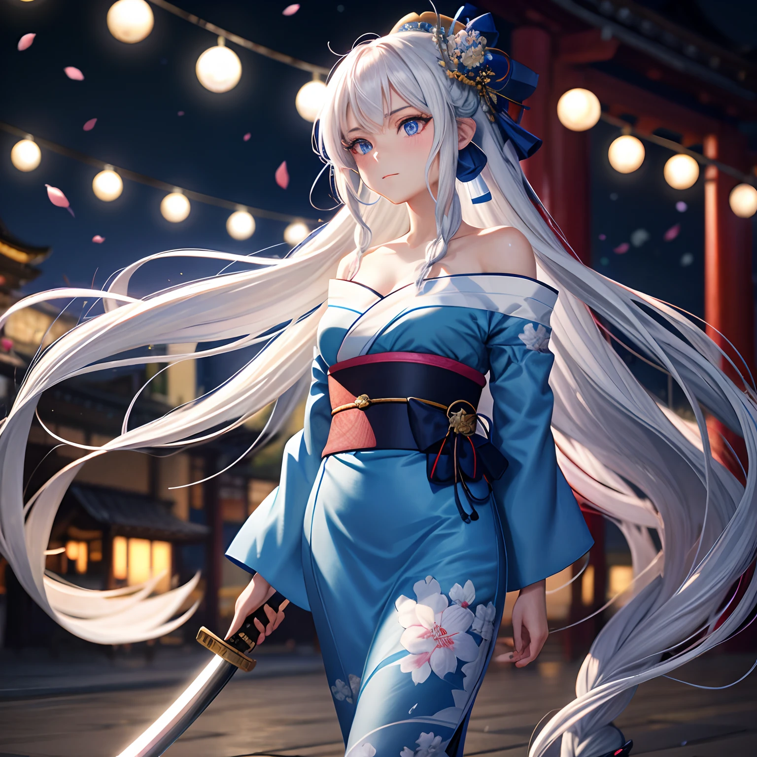 (masterpiece, best quality, dutch angle)(1girl, solo)(white hair,Lapis Lazuli Eyes,Straight long hair)(sarashi,japanese clothes,one shoulder、Wear one kimono:1.4、Black long kimono、One shoulder exposed)(Serious expression, Woman holding a sword:1.3、floating hair)(Japan Mansion、Mystical Night、Particles of light float around the woman、Fantastic atmosphere)from behind