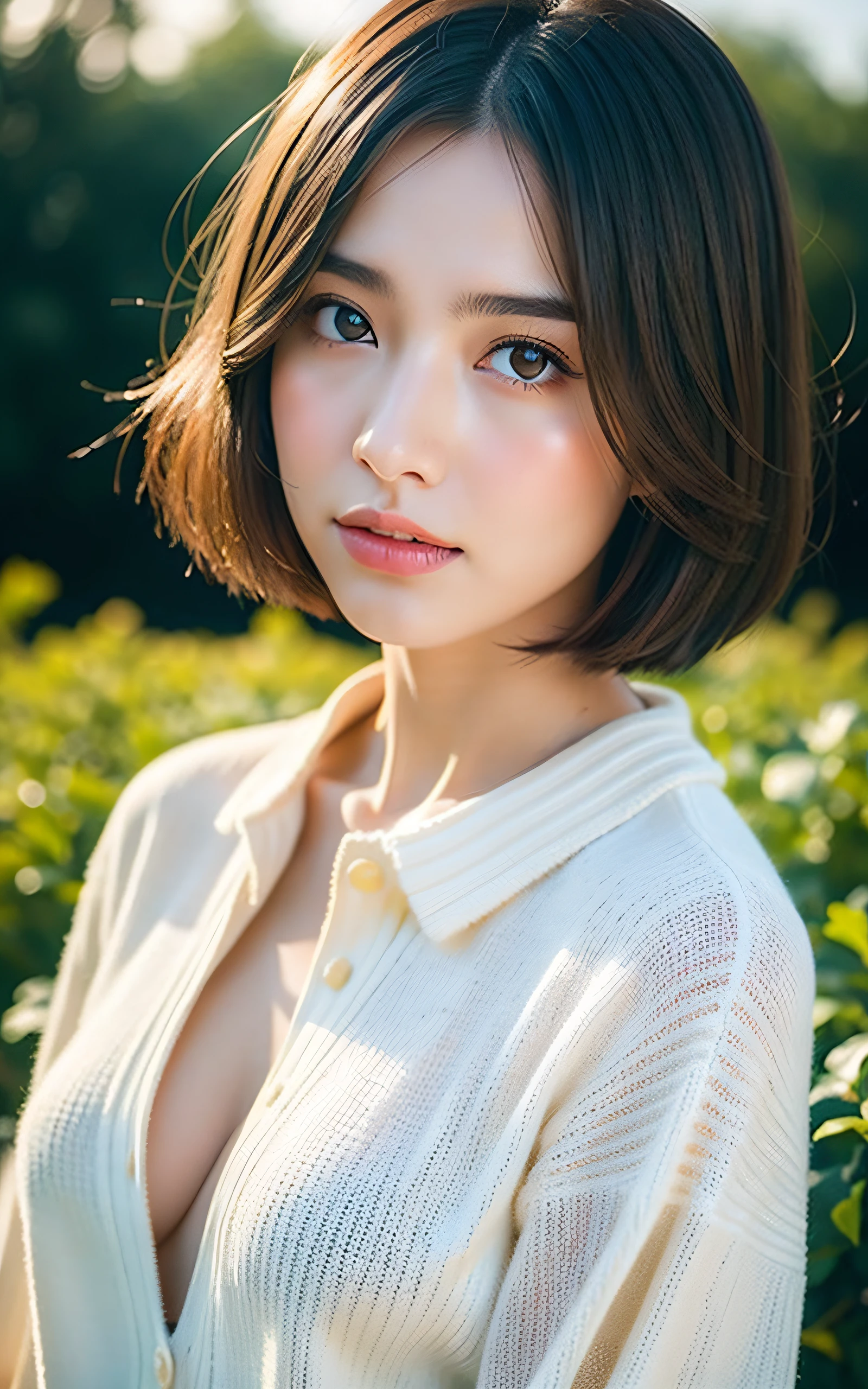 masterpiece, Best Quality, 8K, 1girl, Correct human hands, correct human fingers, japanese girl, face closeup, Cute, Girly, Delicate girl, Neat and clean beauty, medium breast, luminescence, Looking away, Raw photo, F/1.8, 135 mm, NIKON, Anatomically correct, bokeh,Textured skin, Professional Photography, Portrait, Soft light, Professional Lighting, back light, Film grain, (Eyes and faces with detailed:1.0), brown hair, short hair swaying in the wind, sweater