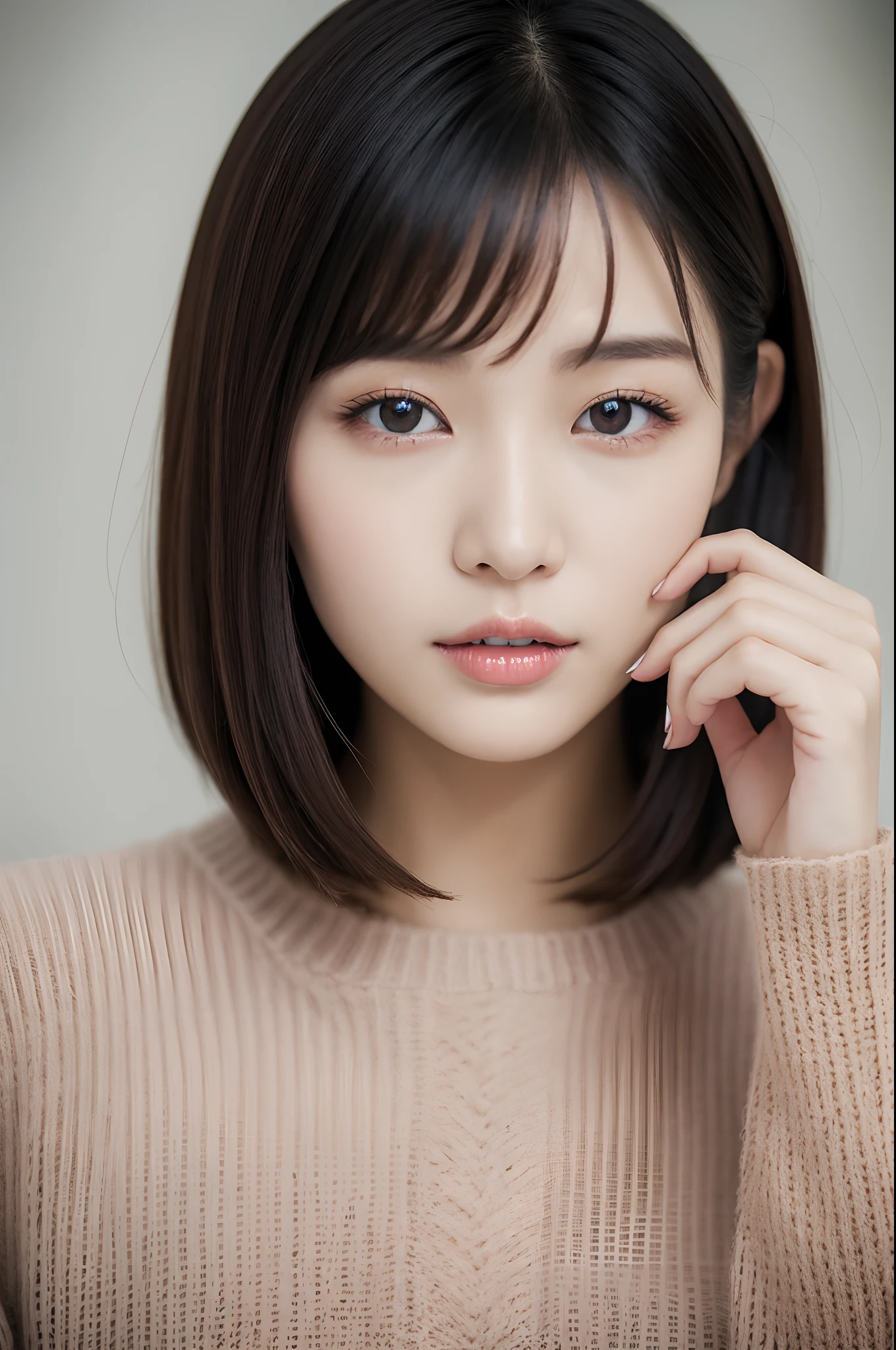 a close up of a woman in a sweater posing for a picture, Middle metaverse, 奈良美智, japanese model, beautiful asian girl, with short hair, 2 4 year old female model, 4 k ], 4k], 2 , sakimichan, sakimi chan