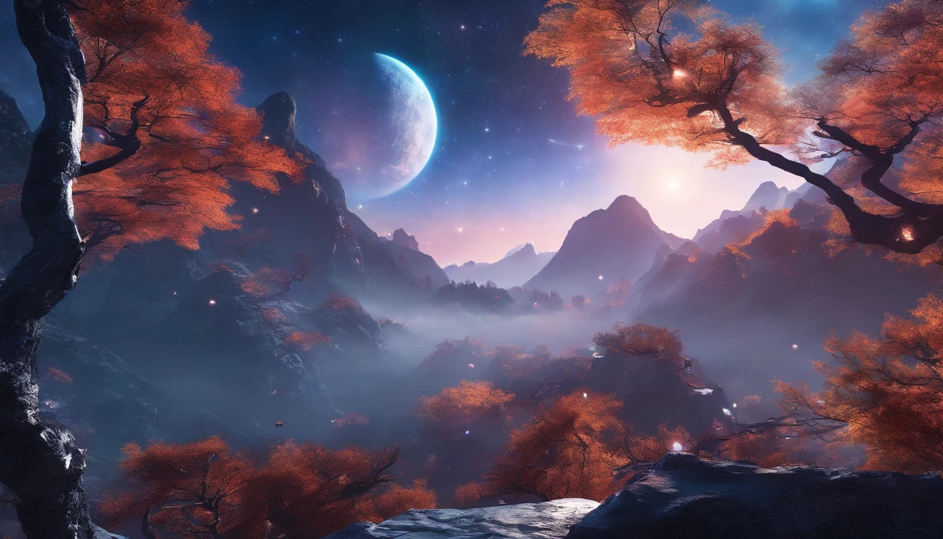 China-style,Ultra-wide angle of view,Beautiful view of autumn,mountain spring,waterfallr,Cloud fog,fall foliage,Fallen leaves all over the ground,oc rendered,high qulity,8K,super-fine,Hyper-realistic,Ultra photo realsisim,35mm camera lens,ultra - detailed
