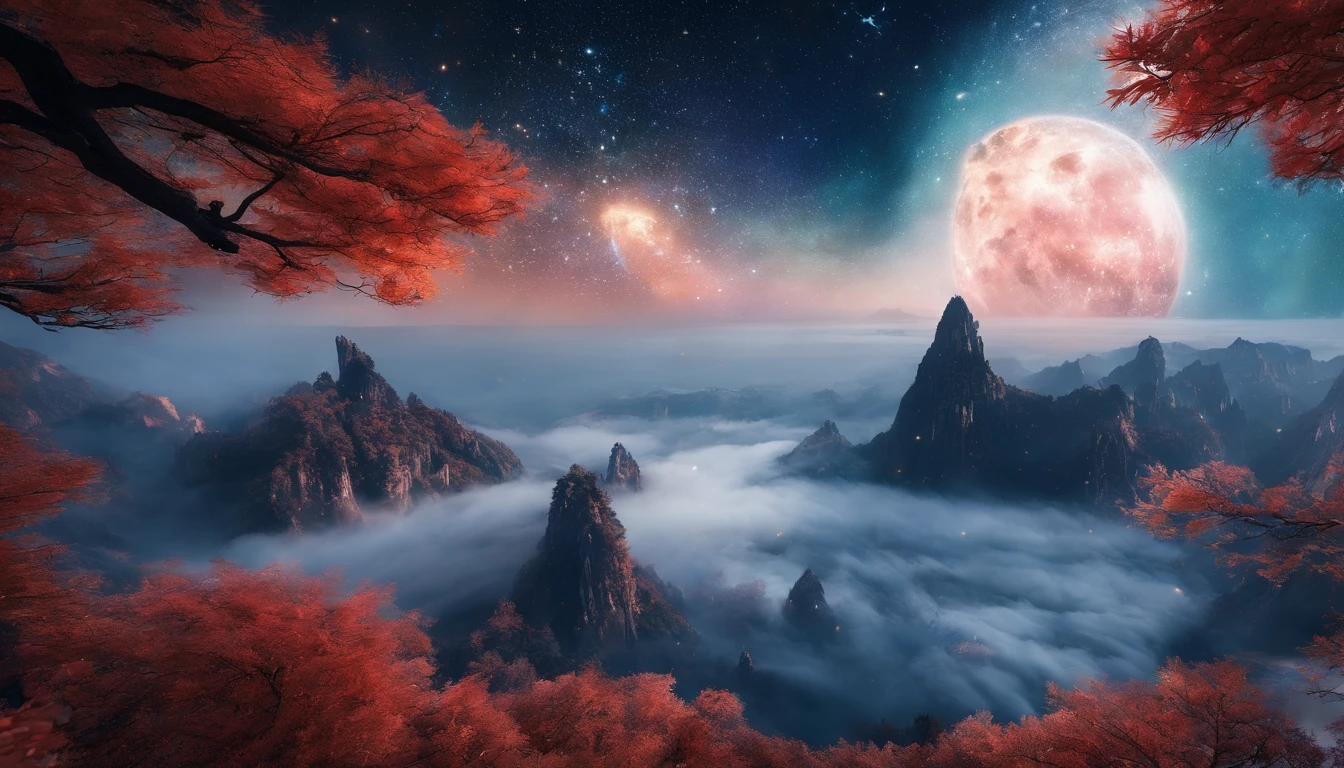China-style，Ultra-wide angle of view，Beautiful view of autumn，mountain spring，waterfallr，Cloud fog，fall foliage，Fallen leaves all over the ground，oc rendered，high qulity，8K，super-fine，Hyper-realistic，Ultra photo realsisim，35mm camera lens，ultra - detailed