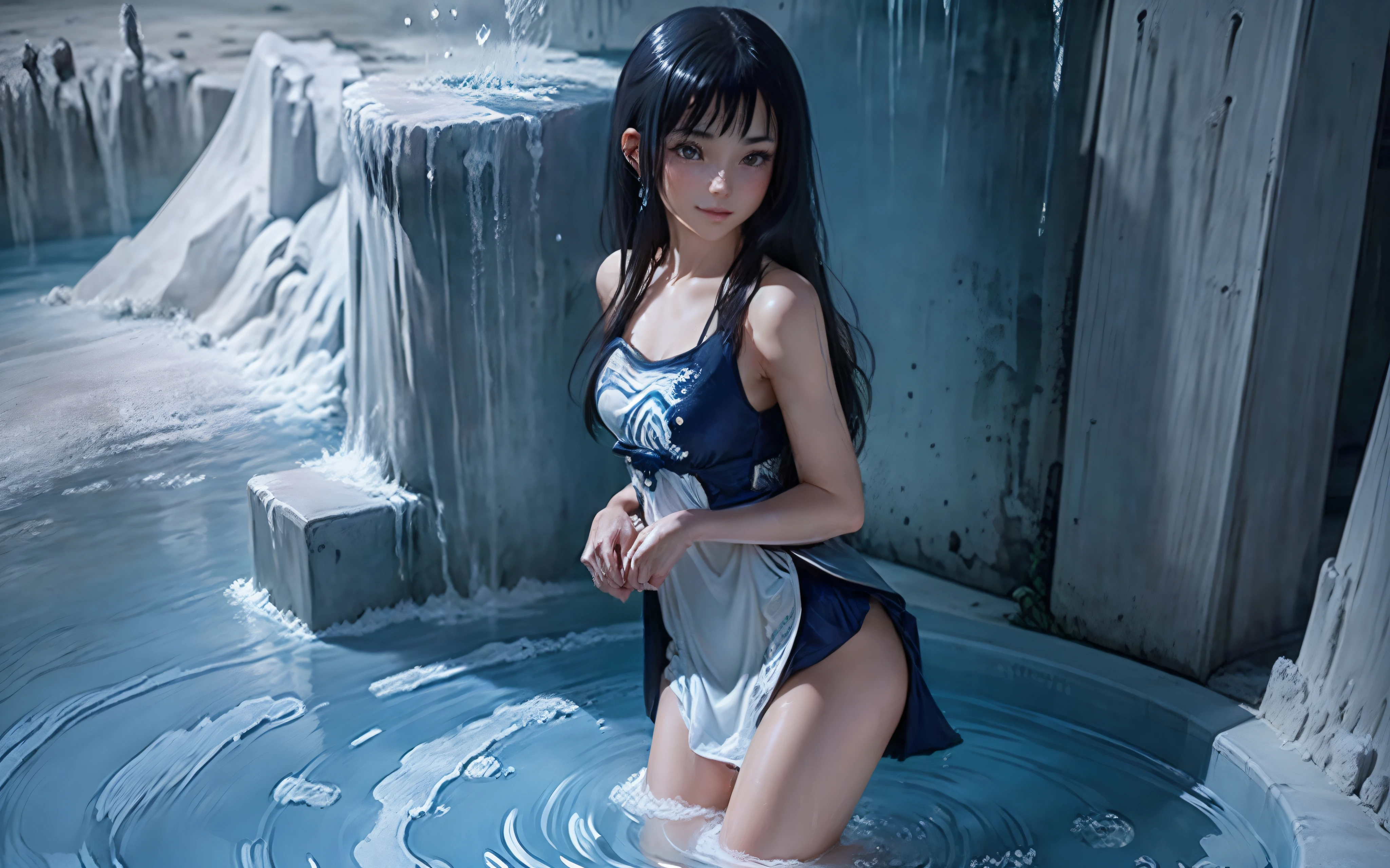 (Best picture quality, 8K, masterpiece: 1.3)), Sharp focus: 1.2 ,(One Girl, 18 year old, Slightly Skinny, Two legs, hide fingers) ((Perfect Face, Perfect Eyes, Bangs, Slim Cheeks, Perfect Lips)), ((Highly detailed face, Smile, standing on your feet:1.2)), ((Highly detailed facial and skin texture)), (Black hair), ((Water Bender , Control Water by hands , Power)) , (Full traditional clothes, wearing full clothes), (cute), (anime girl in a blue dress standing in a pool of water, artwork, fantasy art style, art, closeup fantasy with water magic, CGI anime fantasy artwork, art)