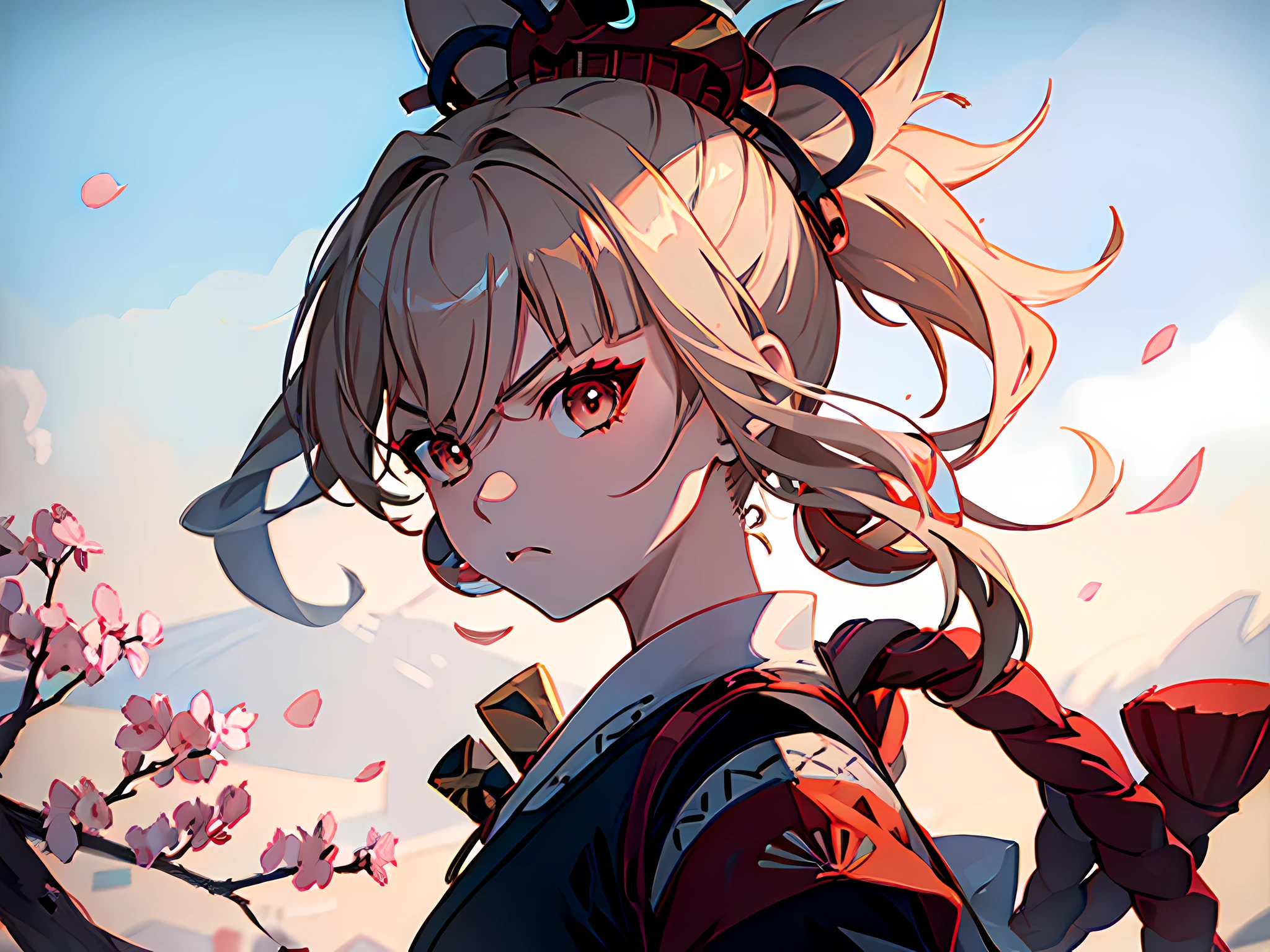 1 girl, ponytail, samurai mask, samurai, holding katana (amenoma kageuchi) , angry, furious eyes, perfect eyes, cherry blossom, celestial lighting, japanese background, better quality, highres, 8k, masterpiece, shogun, simple background, perfect face, katana in hand
