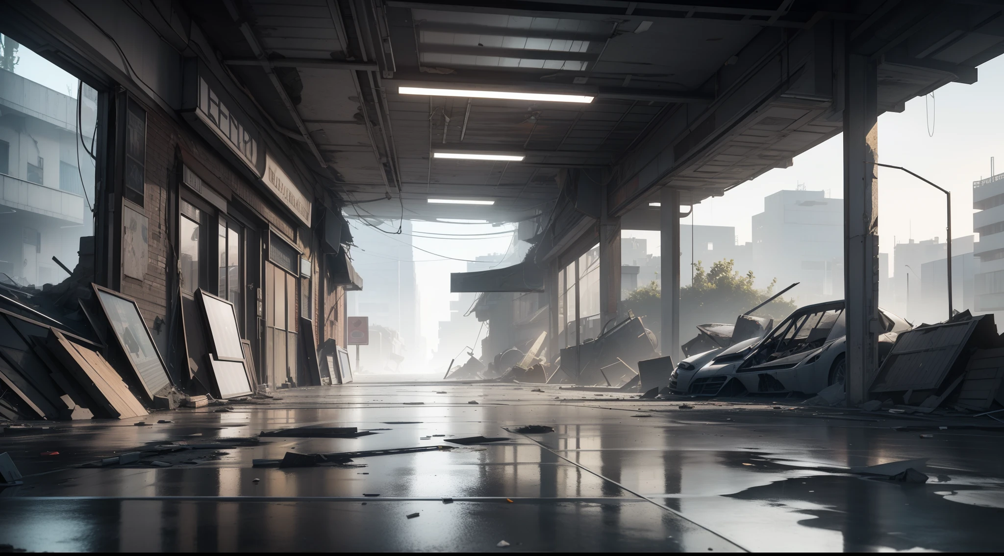 3D Model HD Rendering, Architectural Rendering, Right Angle Isometric View, 45 Degree Angle, (Gray Background), High Detail, Cinematic, Global Illumination, Realistic Lighting, Unreal Engine Rendering, Substance 3D, Octane Rendering, (HDR:1.3), (Cluttered Dilapidated Street Shops, All Over the Floor), Crash, Combat Damage Style, Overgrown