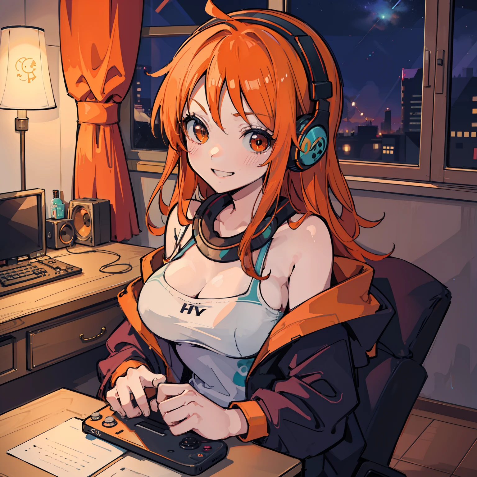 masutepiece, Fine detail, 4K, 8K, 12K, Solo, Solo, Beautiful Girl, caucasian female, Nami of one piece, Orange hair, Long hair, Game Controller, Indoors, Room, Own room, a computer, Playing games, headphones, Jersey,A smile、 nigh sky