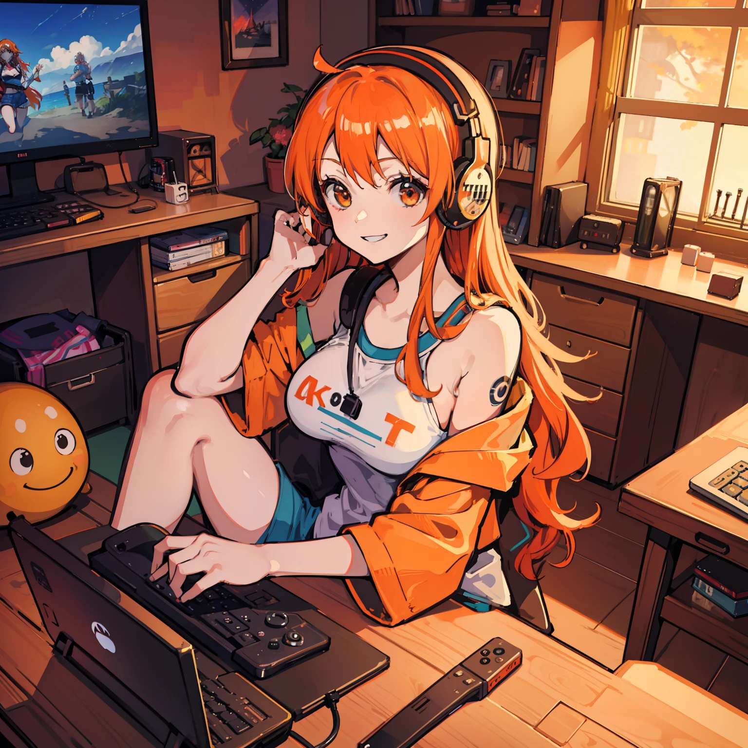 masutepiece, Fine detail, 4K, 8K, 12K, Solo, Solo, Beautiful Girl, caucasian female, Nami of one piece, Orange hair, Long hair, Game Controller, Indoors, Room, Own room, a computer, Playing games, headphones, Jersey,A smile、 nigh sky