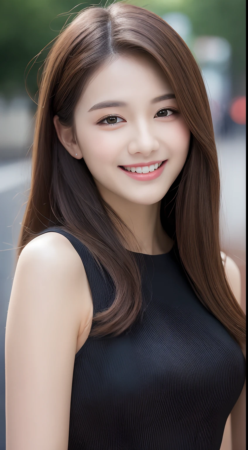 ((Best quality, 8k, Masterpiece :1.3)), 1girl, smiling, full body, slim face, Pretty woman, (Dark brown hair), full length dress :1.1, Ultra-detailed face, Detailed eyes, Double eyelid, blur background, slim face, city, outside, street,