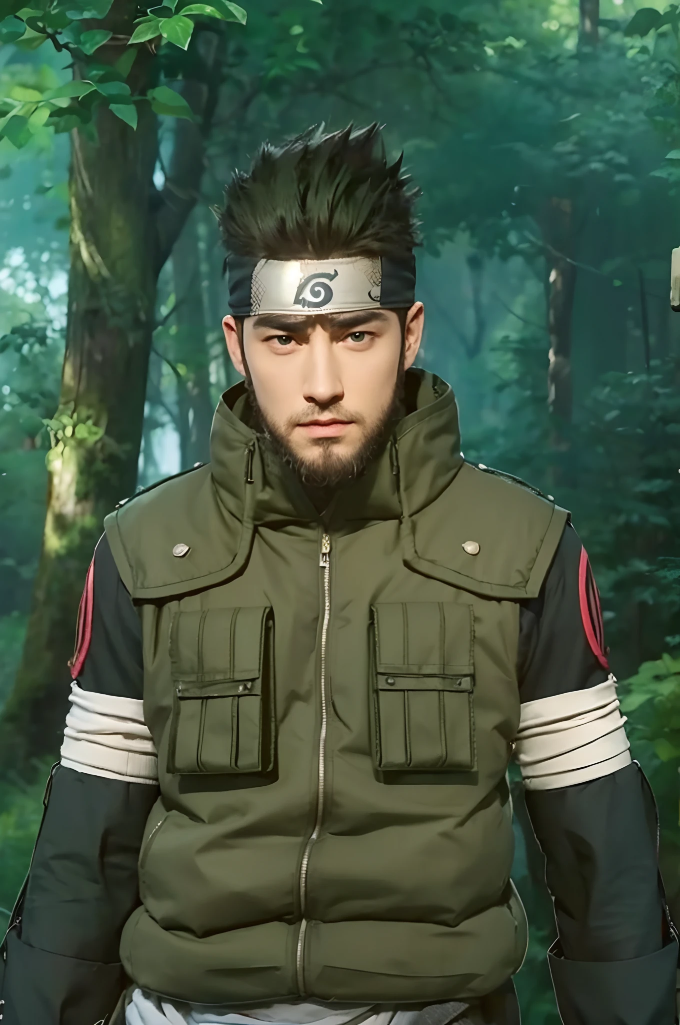 Real life adaption of this character, handsome face, realistic same outfit wear thick green vest,realistic spiky hair, realistic beard,realistic headband, realistic light, realistic shadow,hyper realistic,realism,(photorealistic:1.2),There was a white cloth wrapped around both shoulders