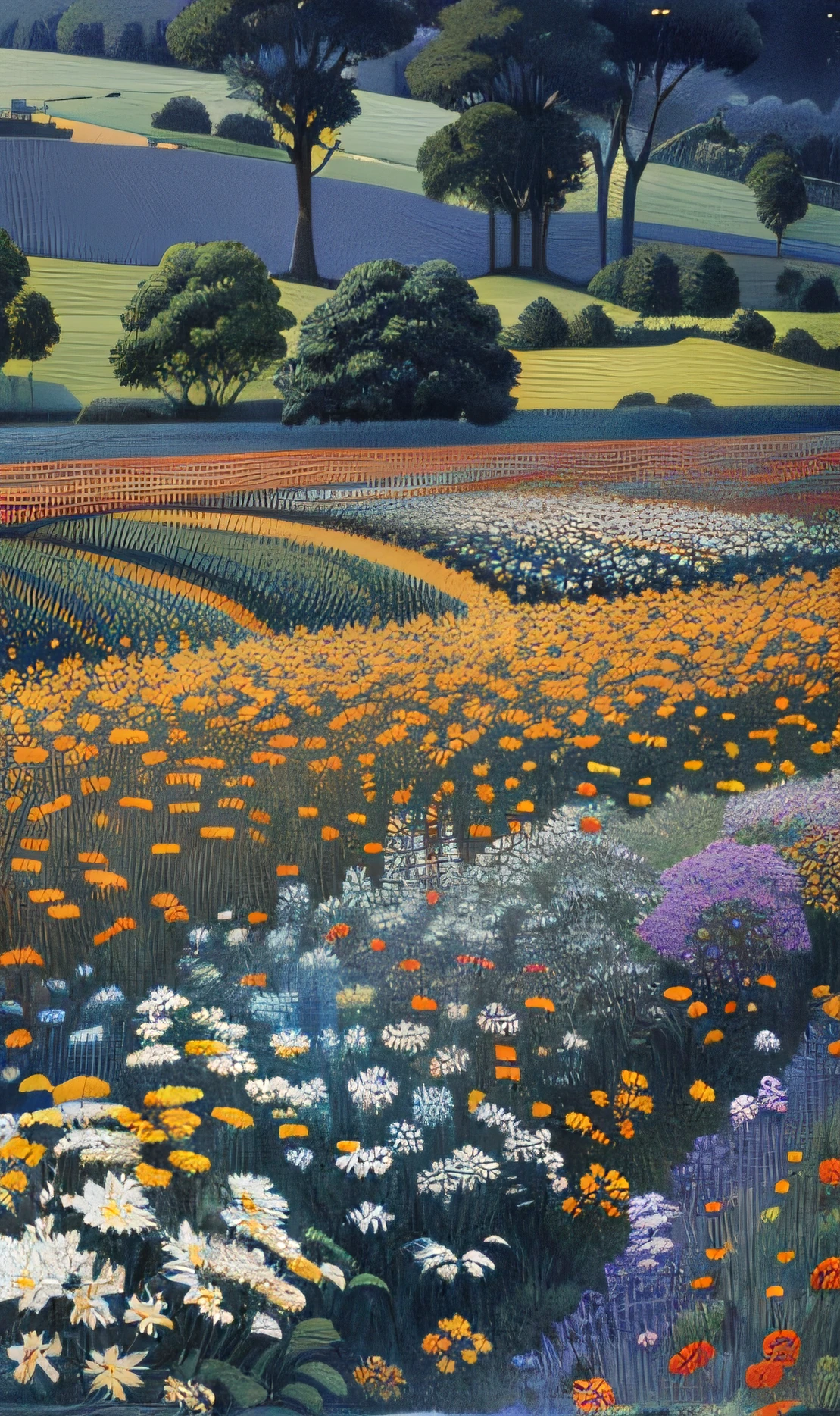 There is a painting of a flower field,Trees in the background, Hasselblassel-Kwas, flower field, in a field of flowers, author:Charles Kinner, an aesthetic field of flowers, flower field, field of flowers at night, author:Hasui Kawase, wild flowers field, inspired by Charles Ginner, flower field, Peter Scoutorp