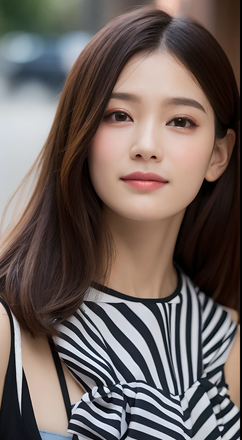 ((best qualtiy,8K,tmasterpiece:1.3)), 1girll, ssmile, full bodyesbian, Slim Faces, Beautiful woman, (dark brown hair), full length dress :1.1, Super detailed face, Detailed eyes, 二重まぶた, blur backgroun, Slim Faces, 城市, do lado de fora, the street,full bodyesbian