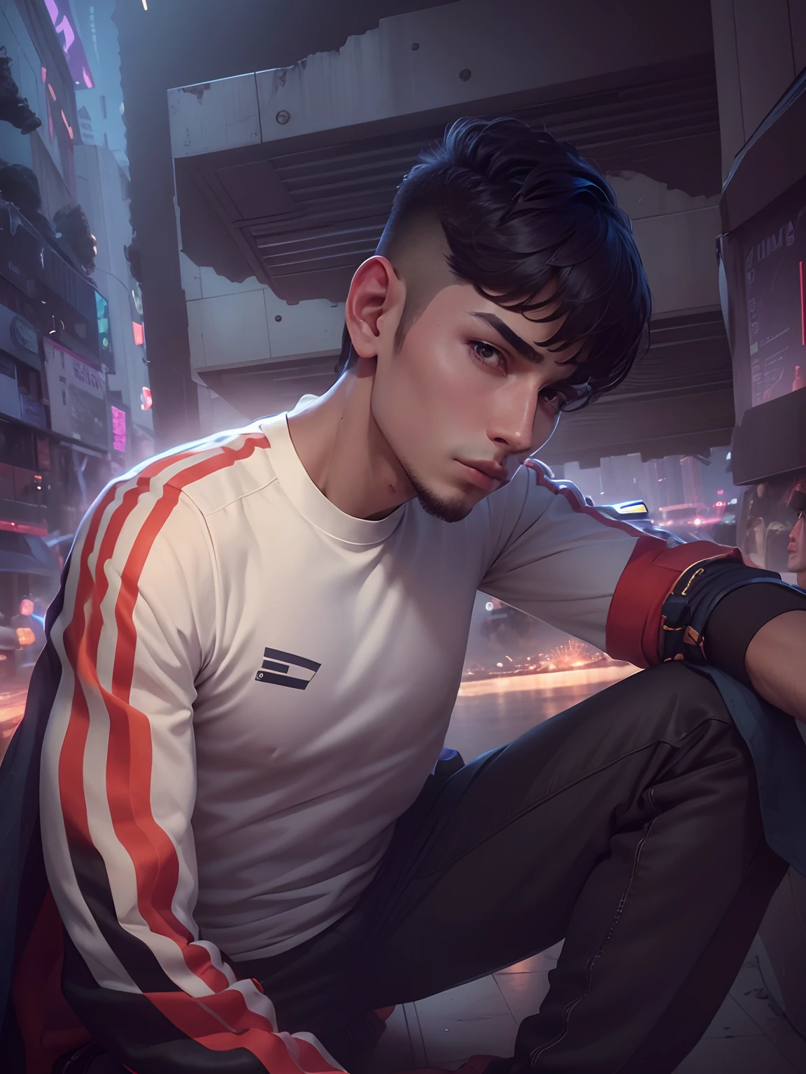 Handsome boy cyber city clothes brighting don't change HAIRSTYLE