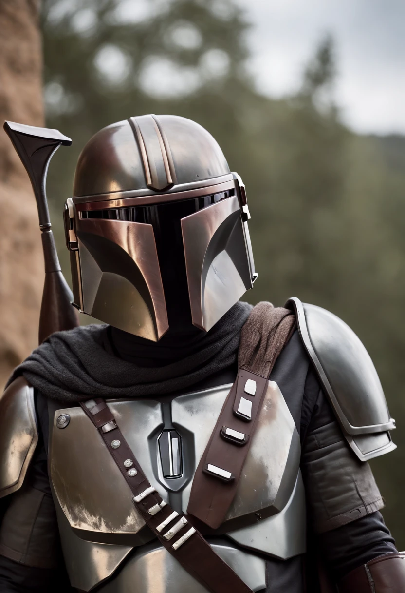 Mando The Mandalorian, Front view, corpo inteiro, fundo bem iluminado, fim de tarde refletindo sobre a armadura