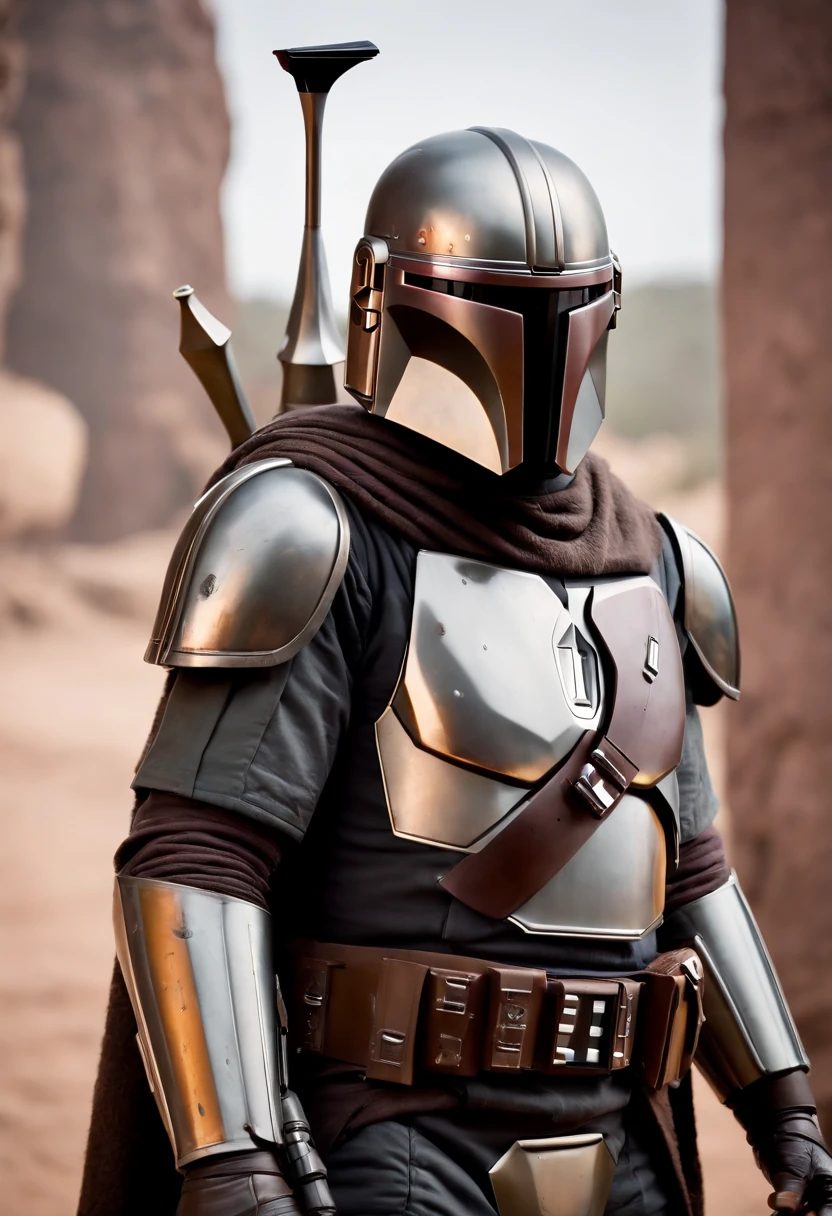 Mando The Mandalorian, Front view, corpo inteiro, fundo bem iluminado, fim de tarde refletindo sobre a armadura