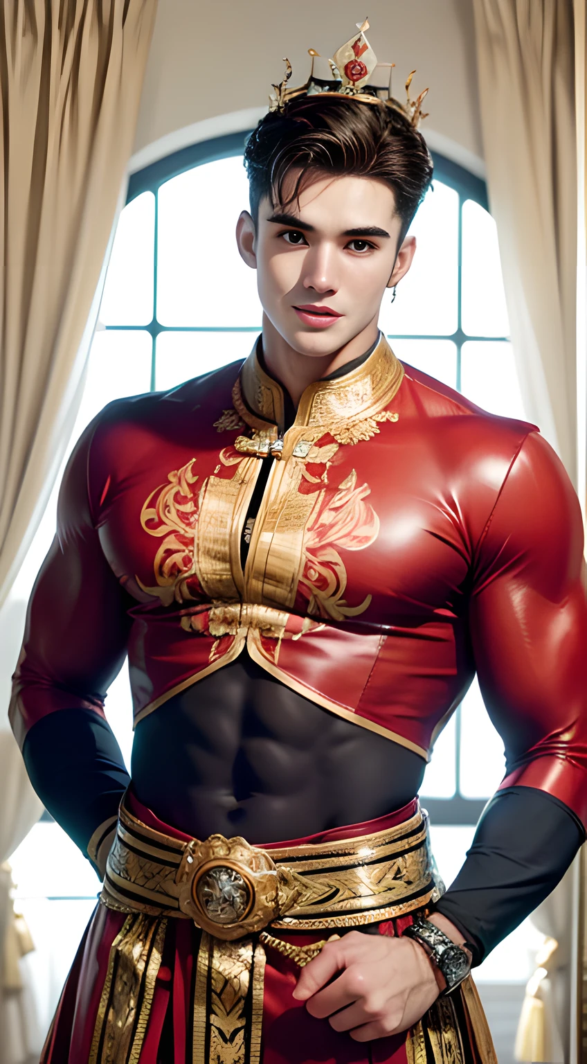 (((Men only))), ((head shot)), (face only), ((Pietro Boselli)),  ((wearing an black Indonesian traditional costume)), ((wearing a gold crown on his head)), (Indonesian traditional costume reflects the diverse cultures of the nation, featuring vibrant fabrics, intricate patterns, and often includes a kebaya (blouse) for women and a batik shirt for men, with accessories such as sarongs and headpieces, creating a rich tapestry of heritage attire), ((Handsome muscle man in his 20s)), (Big smile), (detaile: 1 in 1), Natural muscles, HIG quality, beautidful eyes, (Detailed face and eyes), (Face、: 1 / 2), Noise, Real Photographics、... ......................................................................................................................PSD, Sharp Focus, High resolution 8K, realisitic & Professional Photography, 8K UHD, Soft lighting, High quality, Film grain, FujifilmXT3