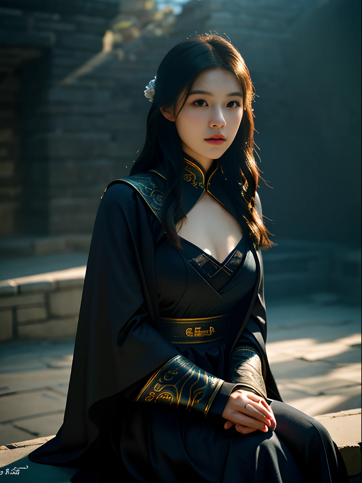 tmasterpiece, best qualtiy, hyper realisitc, Cinematic lighting effects, Extremely beautiful young lady,Bust photo,Sitting in the damaged Great Wall, Light makeup,big breast, Intricate details eaba,Medium shot, cloaks,ultra - detailed,