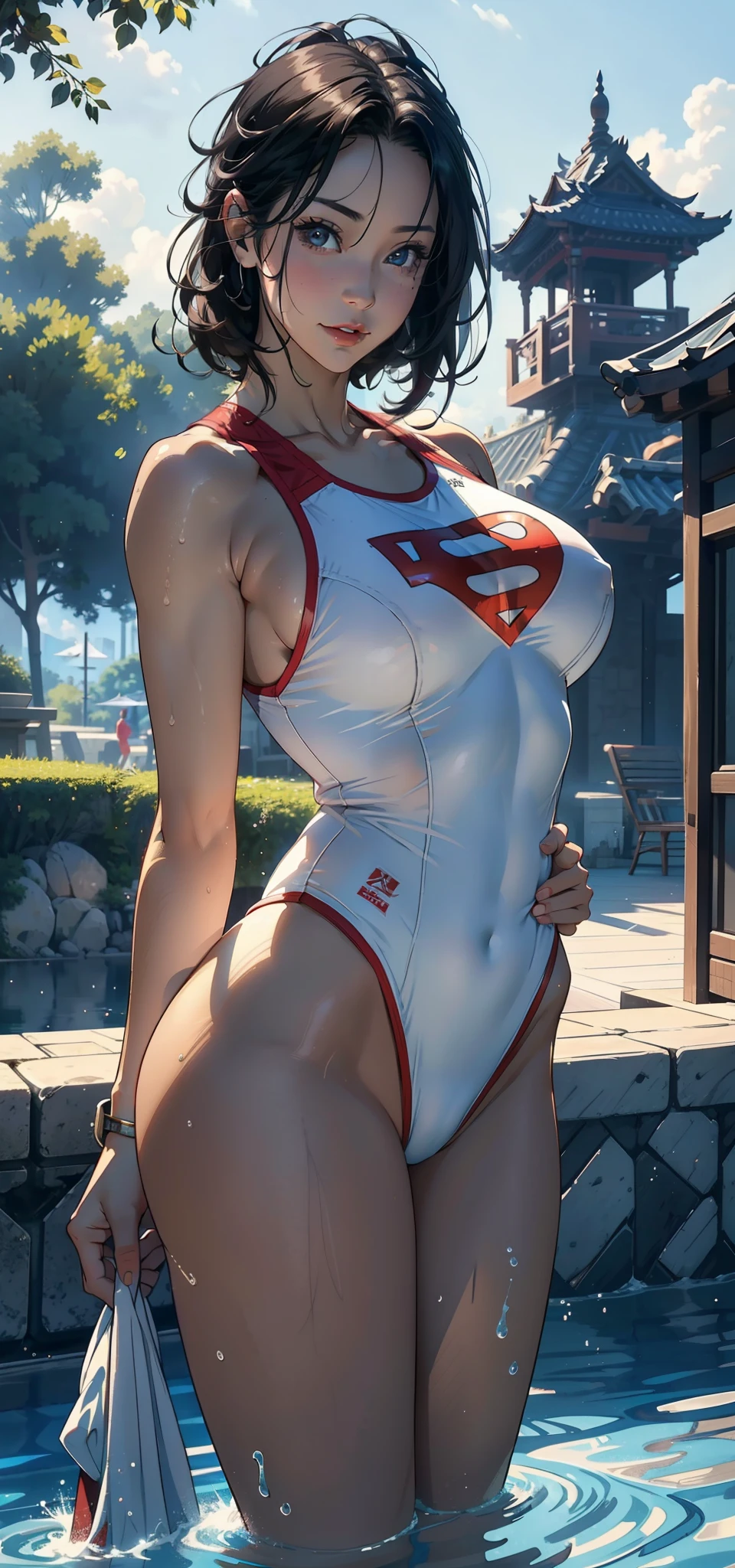 1female，41 years old，熟妇，A MILF，mature，plumw，extremely large bosom ，Pornographic exposure， 独奏，（Background with：palaces，trpical garden，Swimming pool） She has short black hair，bobo head，Station，seen from the front， hair straight， mostly cloudy sky，（（（tmasterpiece），（Very detailed CG unity 8K wallpaper），best qualtiy，cinmatic lighting，detailed back ground，beatiful detailed eyes，Bright pupils，（Very fine and beautiful），（Beautiful and detailed eye description），ultra - detailed，tmasterpiece，）），facing at camera，A high resolution，ultra - detailed），revealing breasts，Bare genitalia，  Bulge，legs are open，Raised sexy，Camel toes，Flushed complexion，ssmile，frontage，athlete，（Wearing：swimming uniform，Superman uniform）