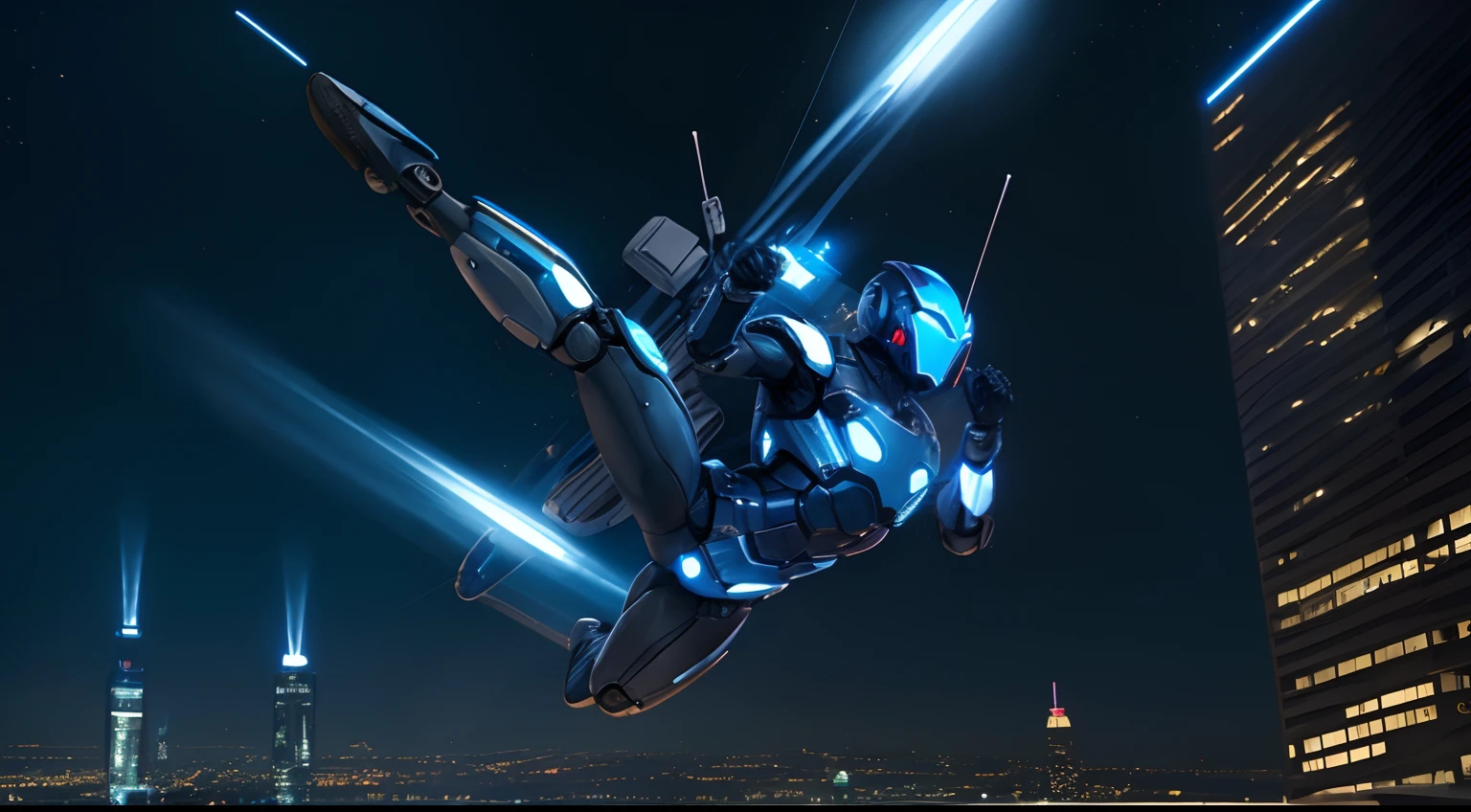 man wearing a robot suit with sophisticated equipment, and blue glows surrounding them, flying up to kick a person, the night sky with city lights in the background creating a dramatic atmosphere