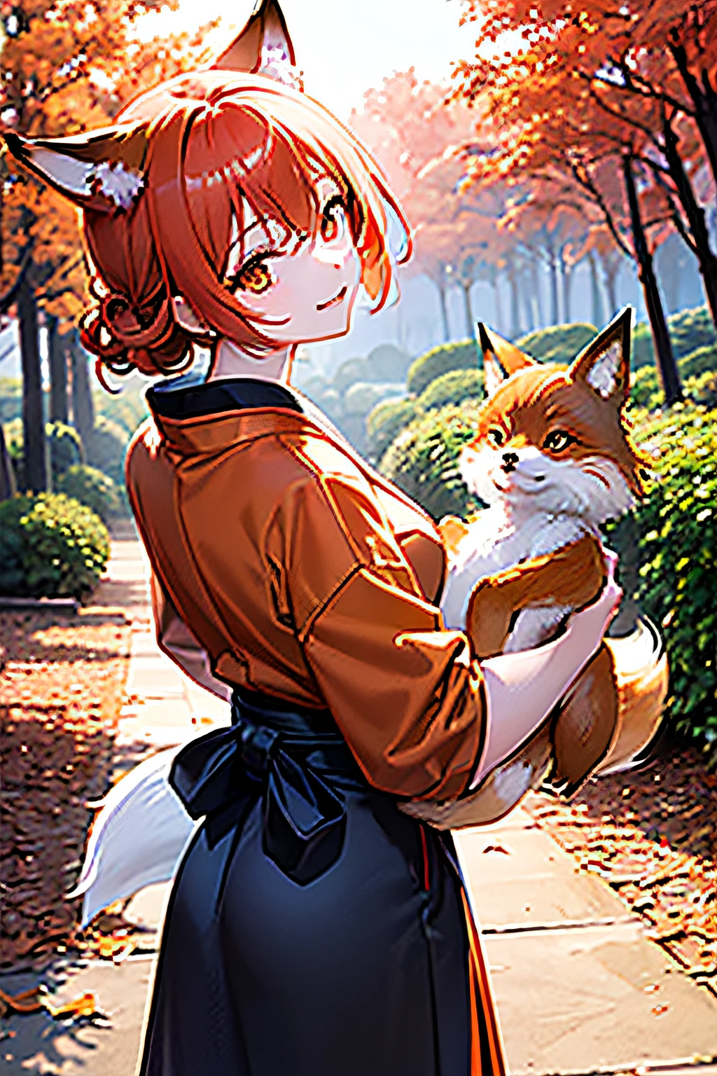Two-shot photo of a girl and a fox,(Fantasia,Kitsune Yokai Four-Tailed Heavenly Fox,),(Girl and Fox Yokai: The Tale of the Four-Tailed Heavenly Fox),
(With a girl bent down deep in the forest and looking up,Fox Yokai Two-shot of a fox protecting a girl's back Poster of the four-tailed heavenly fox),
(natural soft light.)(Sunlight,),(Sunlight,),(Professional Lighting.),
(glossy light brown and orange two-tone color,,,,Wave Shortcut Hair,disheveled hair,),japanese kimono,Geta,Cute round face red lipstick,A cute smile that makes the viewer happy,
autumn forest,Strong wind soaring over dead leaves
Digital Illustration,
(Photorealsitic:1.3),(Raw photo.),
(masutepiece,top-quality,Ultra-high resolution output image,)
(The 8k quality,),(Image Mode Ultra HD,),(Image Mode Ultra HD,),(Sea Art 2.1:1.3,),Japan Anime Fantasy,