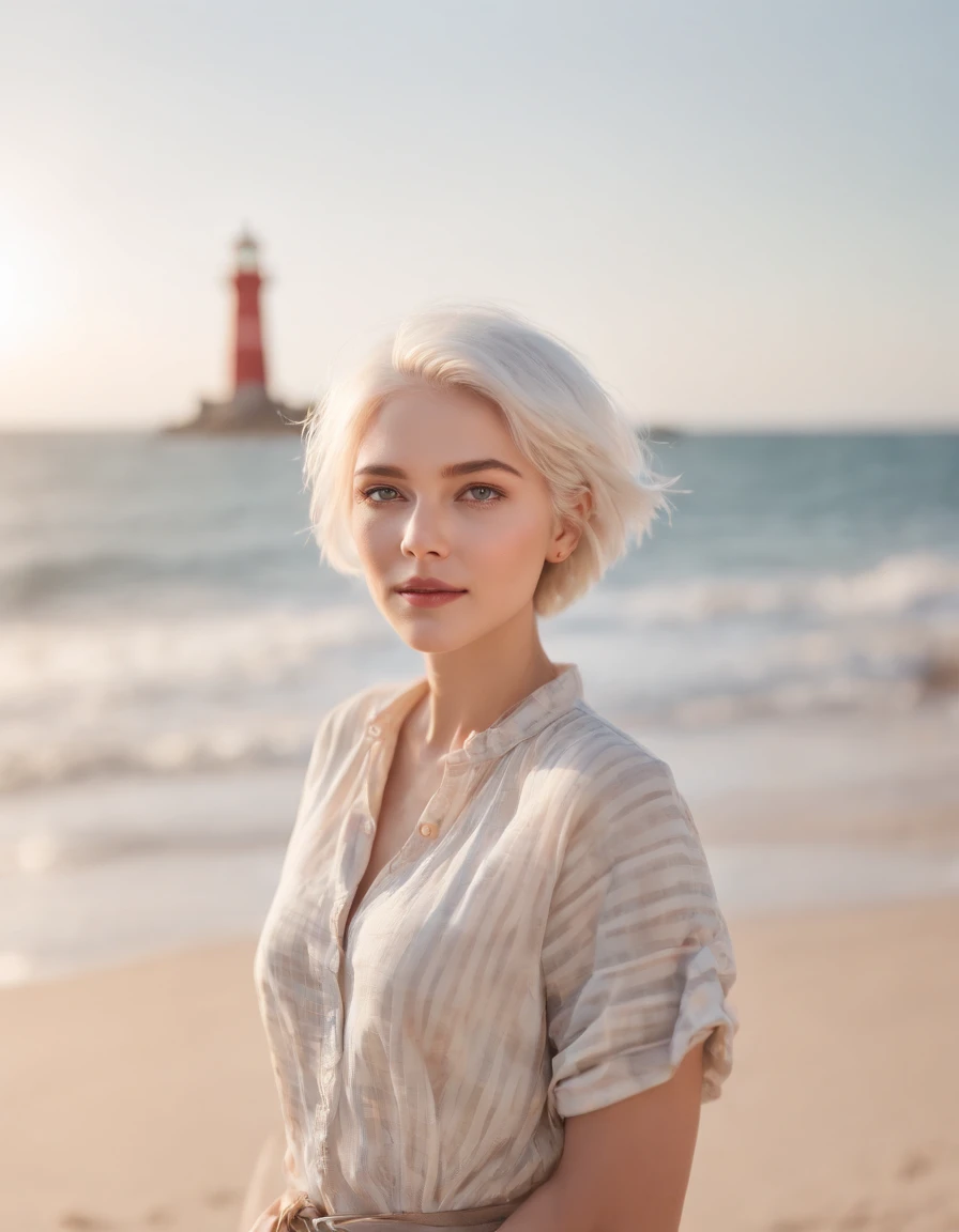 Coastal beauty, 1 Girl in attractive nautical clothes, (short white hair), striped shirt, (Bright eyes, sun-kissed skin, carefree expression), Sandy beach background, lighthouse, gentle sea breeze, playful pose, dynamic compositions, Golden Hour Lighting, Blurred background, Rich colors, Fine details, hyper realisitic, 50mm Lens, relax vibe. a portrait photo of, 35mm Film, natural blurry
