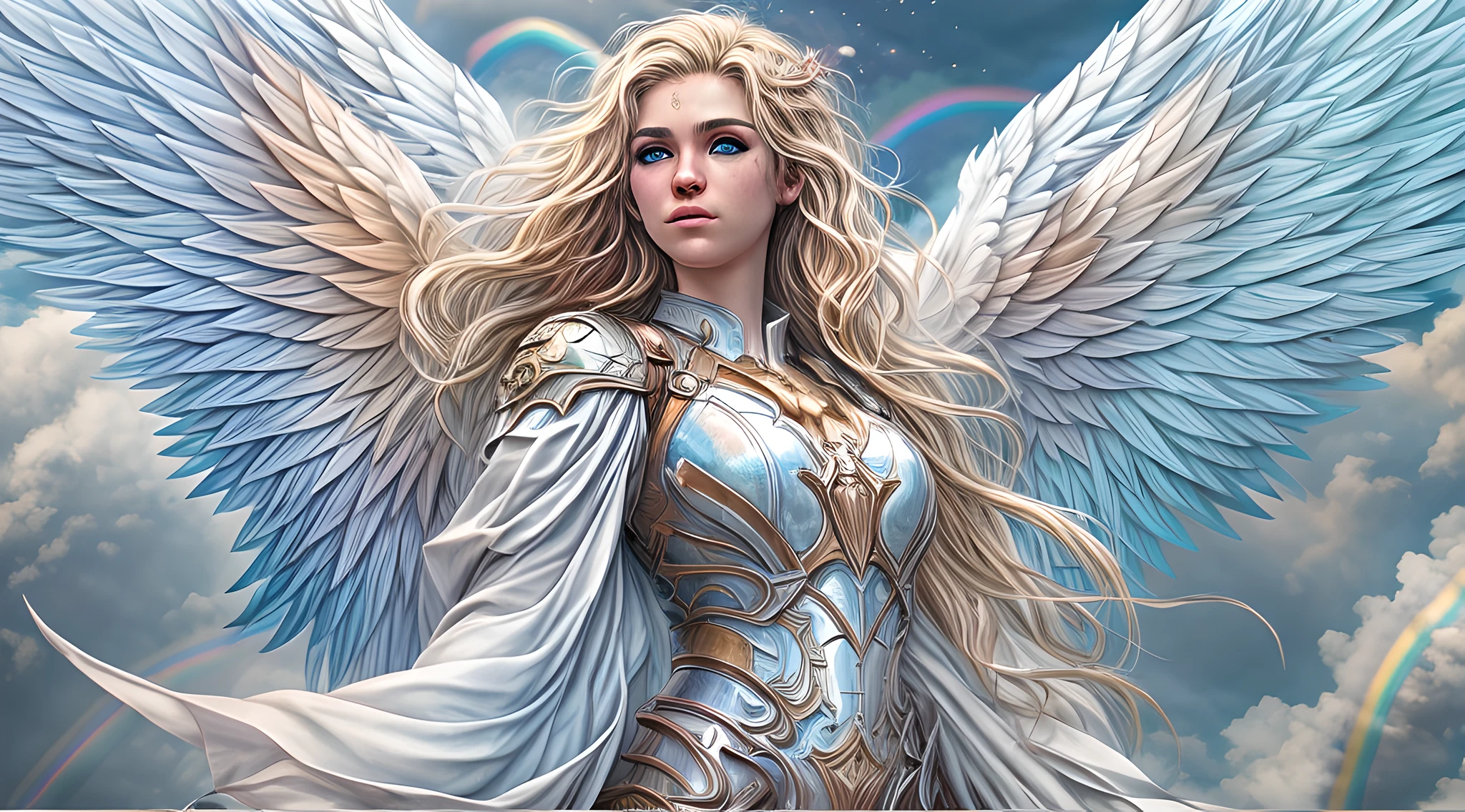 high details, best quality, 16k, [ultra detailed], masterpiece, best quality, dynamic angle, ultra wide shot, RAW, photorealistic, fantasy art, realistic art, a picture of an archangel flying in a the sky between the clouds, fantasy art, RPG art, a full distance shot, full body, an epic beautiful female archangel, blond hair, long hair, (wavy hair: 1.2), (blue eyes: 1.2), intense eyes (best detailed face: 1.3), (ultra feminine: 1.3) spread angelic wings has_wings  (rainbow highlights rainbow colored wings: 1.5) wearing heavy armor, (with glowing divine sigils: 1.2), light clouds in the background, a n epic (rainbow: 1.5) between the clouds, 16k, ultra detailed, masterpiece, best quality, ultra detailed, full body, ultra wide shot, photorealistic,