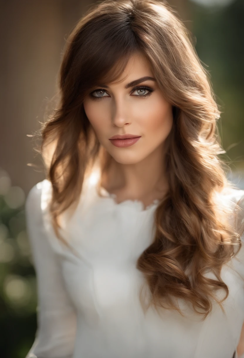 (extremadamente delicado y hermoso: 1.2), 1girl, fashi-girl, flequillo, ojos bonitos, arco, brown hair, boca cerrada, sideways, pelo entre los ojos, Lazo de pelo, manga corta, Mirando al espectador, cabello mediano, solamente, Parte superior del cuerpo, Uniforme escolar: 1.3, ((solamente)), (Obra maestra), rubio