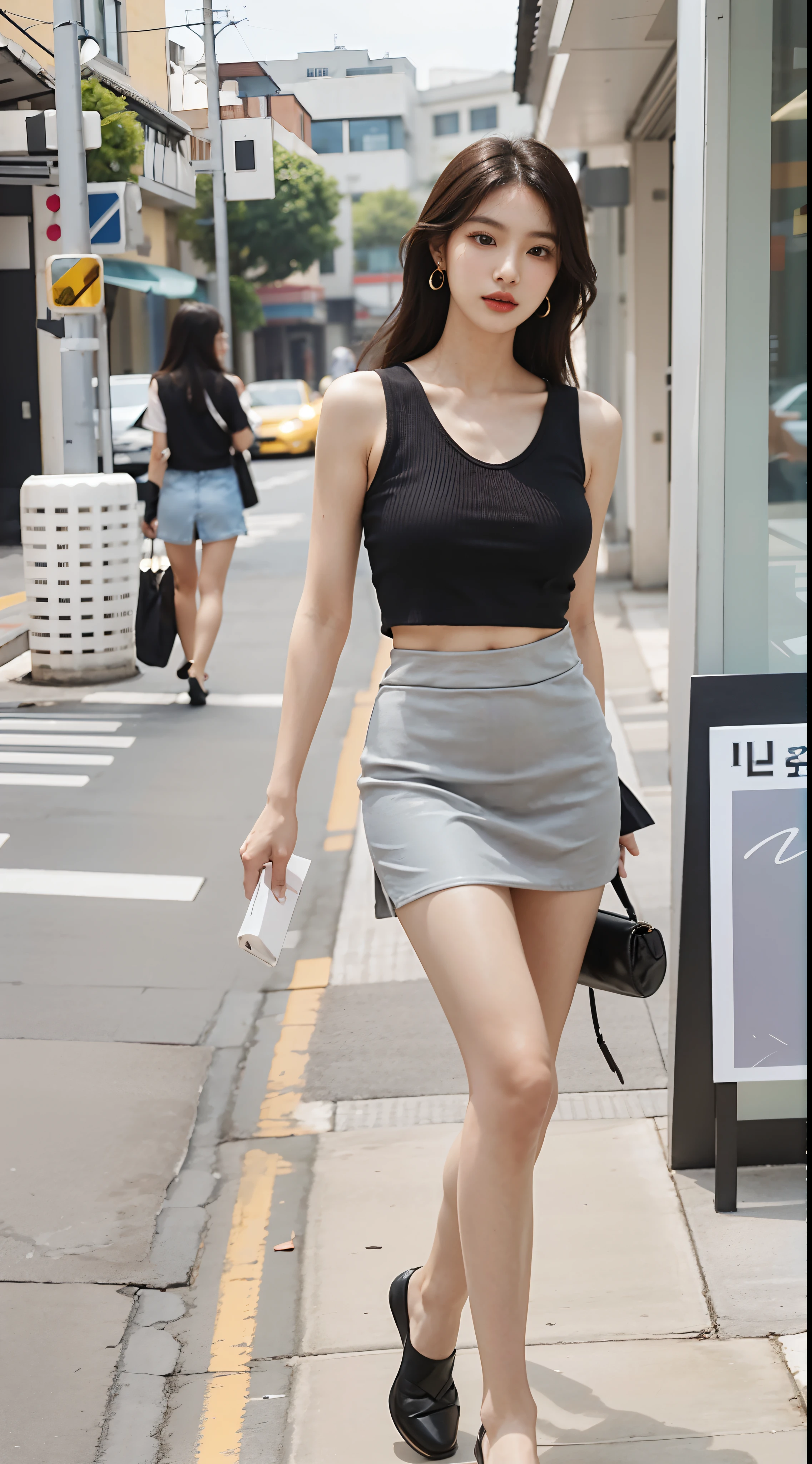 Photo of beautiful asian woman in skirt and black top standing on the street, grey skirt, wearing skirt, casual clothing style, transparent gray skirts, casual modern clothing, korean female fashion model, skater skirt, full body cute young lady, high-waist-black-skirt, modern casual clothing, Short skirt, a miniskirt, wearing crop top and miniskirt、Lots of people watching her々is behind、very large breast、Gorgeous young Korean woman、Extremely beautiful face、Gold Gorgeous Face、face perfect、Eye level、Functional、Beautiful young Korean woman、beautiful aesthetic face、white backgrounid、Wearing gorgeous platinum silver earrings、Platinum silver texture and shiny earrings、in 8K、photographed、(realisitic、Photorealsitic: 1.37)、The best and most perfect beauty in the world、very large breast、profetional lighting、a handsome 、Beautiful brown long hair、hight resolution、1080p、studio shoot、Sexy hip line、Bright lighting、(Crisp face)、(Detailed face description)、Rich details、Skin clarity and hydration、Skin texture and detail、Textured、 Hair texture and contrast、beautiful and delicate face、beautiful and delicate eyes、Crisp double beautiful eyes、Skin detail and texture、Hair details and texture、Skin contrast and detail、Lip texture and contrast、Texture and contrast of clothes、Eye texture and clarity、beautidful eyes 、Cutting-edge fashion、Fashionable、Bright natural light、Professional photography、Functional、Ron Arad、Transparent translucent medium、limited palette、Woman Core、white backgrounid、White background、hight resolution、Minimal refinement、Bright blue sky、