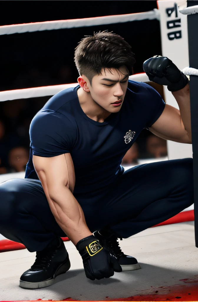 korean chinese men, 20 age ,Wear a navy blue T-shirt with short sleeves....., Don't take your shirt off......, Navy blue sweatpants, Navy boots and navy gloves, , Police Logo, tight breasts, Muscle Man, ((The arm muscles are very large.......................................)), large boobs, Wide shoulders, open legs,lean against the wall.. Large long bulge	,Sexually suggestive, (Dynamic Poses:1.1), (Embossed Focus:1.2),	 Lie on your back on the floor...., Boxing ring, surrender ,Unconscious, Tortured...., attack, Blood spatter,nighttime, Closed eyes , Open your mouth in pain....... ,Best qualtiy, Wide lens, deep depth of field, Bokeh background