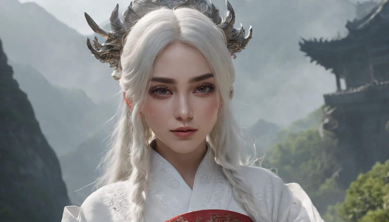 Cirilla Fiona Elen Riannon,动态照明,art stations,poster for,Volumetriclighting,Very detailed faces,4k wallpapers,He has a delicate and beautiful face,long hair flowing,horse tailed,Fringed Hair Ornament,Dynamic perspective,White Hanfu,White gauze flying,red waistband,Sexy,Tradition Chinese Ink Painting,Surrounded by clouds,fog atmosphere,Ride a white dragon,White dragon horn,dynamic viewing angle,电影灯光
