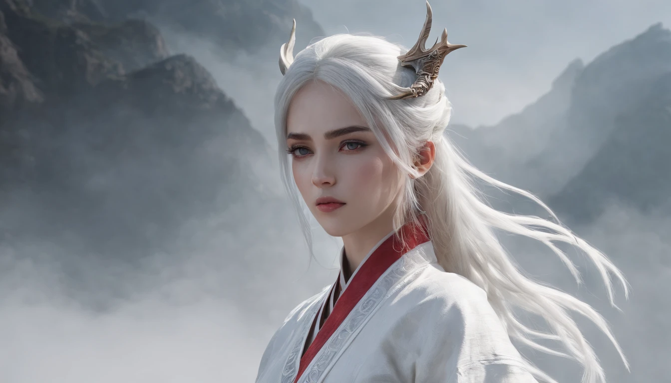 Cirilla Fiona Elen Riannon，动态照明，art  stations，poster for，Volumetriclighting，Very detailed faces，4k wallpapers，He has a delicate and beautiful face，long hair flowing，horse tailed，Fringed Hair Ornament，Dynamic perspective，White Hanfu，White gauze flying，red waistband，Sexy，Tradition Chinese Ink Painting，Surrounded by clouds，fog atmosphere，Ride a white dragon，White dragon horn，dynamic viewing angle，电影灯光
