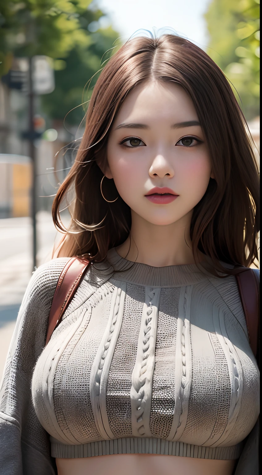 woman, Large breasts, facingviewer,fcPortrait, Cropped sweater, midriff, Sweater, 1girll, Detailed face, Suspended driveway, illustrated