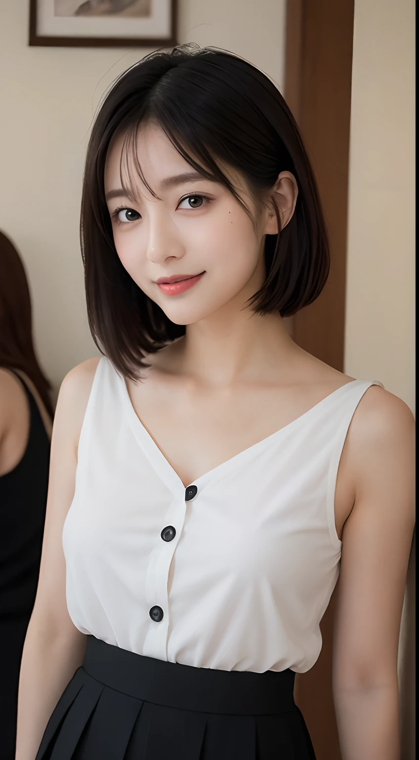 masutepiece, Best Quality, Illustration, Ultra-detailed, finely detail, hight resolution, 8K Wallpaper, Perfect dynamic composition, Beautiful detailed eyes, Office Lady Suit,Shorthair,small tits,Natural Color Lip, Bold sexy poses,Smile,Shinjuku、20 years girl、Cute、Sexy shot looking at camera、Black tight mini skirt、Black miniskirt