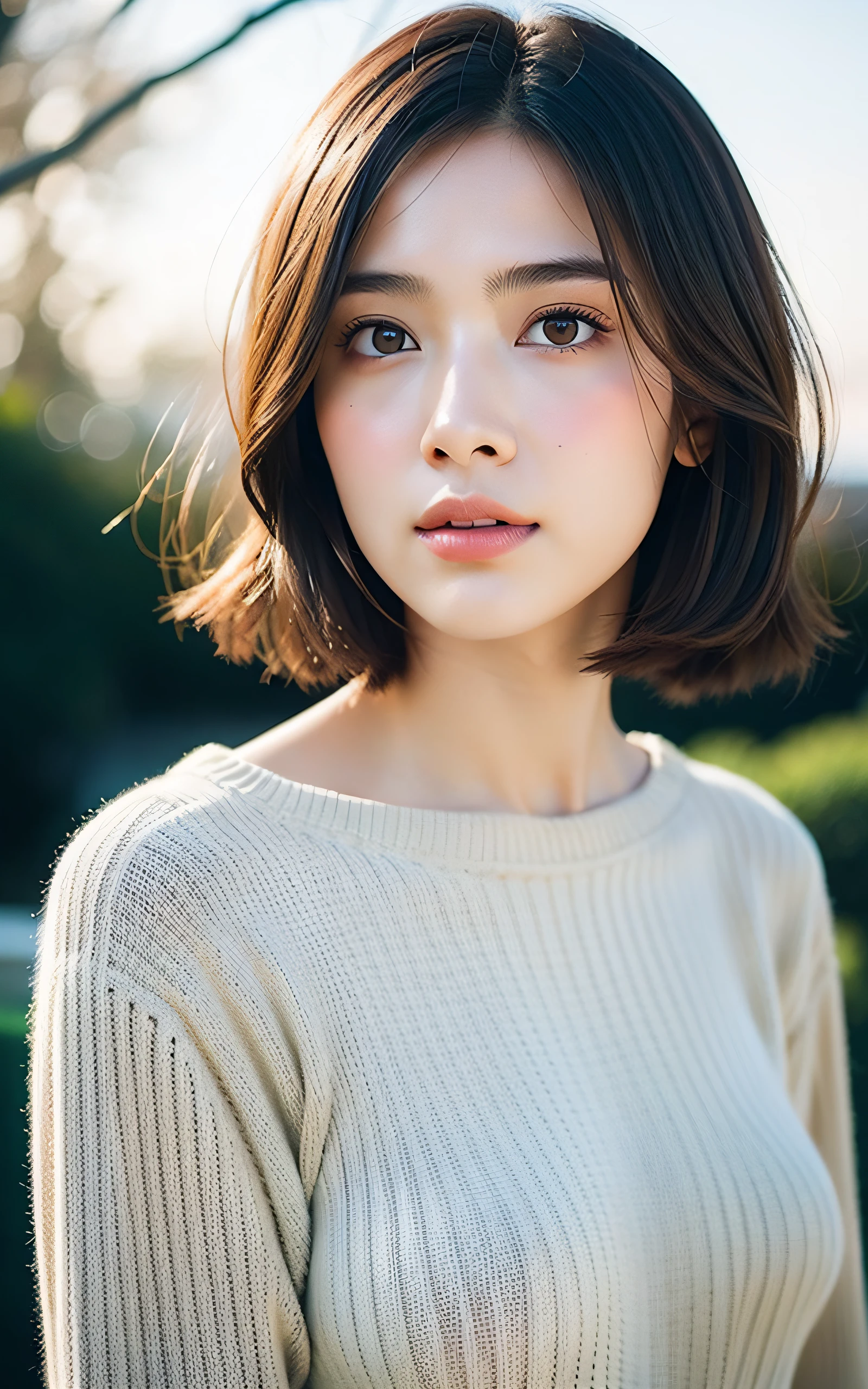 masterpiece, Best Quality, 8K, 1girl, Correct human hands, correct human fingers, japanese girl, face closeup, Cute, Girly, Delicate girl, Neat and clean beauty, medium breast, luminescence, Looking away, Raw photo, F/1.8, 135 mm, NIKON, Anatomically correct, bokeh，Textured skin, Professional Photography, Portrait, Soft light, Professional Lighting, back light, Film grain, (Eyes and faces with detailed:1.0), brown hair, short hair swaying in the wind, sweater