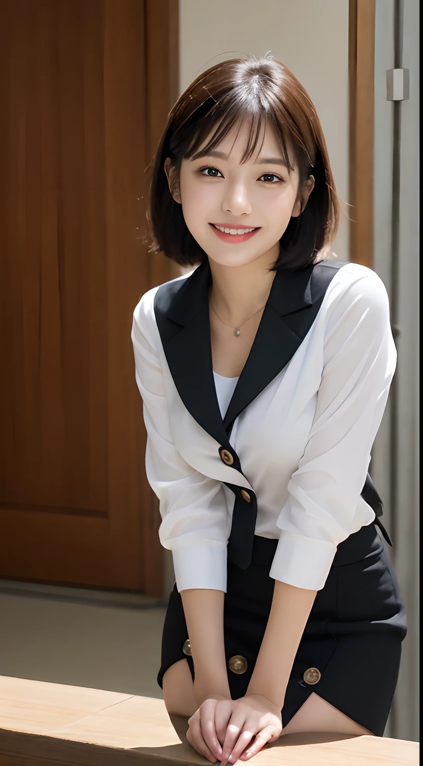 masutepiece, Best Quality, Illustration, Ultra-detailed, finely detail, hight resolution, 8K Wallpaper, Perfect dynamic composition, Beautiful detailed eyes, Office Lady Suit,Shorthair,small tits,Natural Color Lip, Bold sexy poses,Smile,Shinjuku、20 years girl、Cute、Sexy shot looking at camera、Black tight mini skirt、Black miniskirt