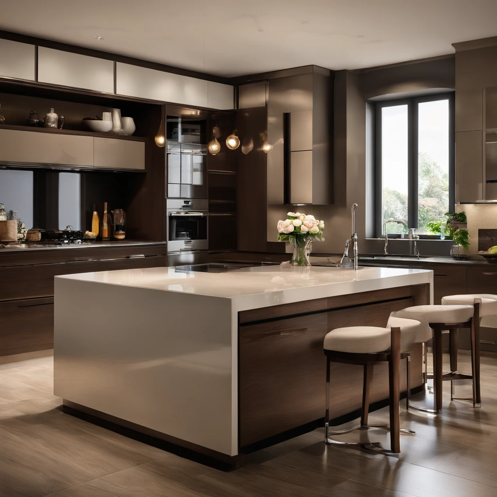 General ision.: The kitchen is a space that conveys modern elegance and functionality. It has been designed in shades of brown and beige to create a warm and contemporary atmosphere. Lighting and Atmosphere: Soft and diffuse lighting is provided by recessed luminaires and pendants, destacando os elementos chave da cozinha. As cores das paredes em tons claros de bege refletem a luz, creating a sense of space and comfort. desktop: The main countertop is made of an elegant stone in a shade of brown marble, providing a generous space for food preparation. The lower cabinets, em marrom escuro, oferecem ampla capacidade de armazenamento, enquanto os superiores, em bege, trazem leveza ao ambiente. Modern household appliances: The stainless steel refrigerator with dark brown finish is imposing and modern, Complementing the lower cabinets. The induction cooker built into the central island is a standout piece, with its mirrored surface adding a futuristic touch. Ilha Central: A ilha central, feita de madeira marrom escura, serve como ponto focal da cozinha. It houses the induction cooker, providing an interactive culinary experience. It also offers space for quick meals, com banquetas estofadas em tons de bege. Steel and Glass Details: Stainless steel touches are found on the handles of the cabinets, in the hood over the stove and in the appliances, criando um contraste sofisticado com os tons terrosos. Clear glass doors in some upper cabinets display the elegant crockery and add a touch of lightness. Photo Split: A metade esquerda da foto apresenta uma cena realista da cozinha, iluminada suavemente para destacar as cores e os detalhes. Nessa metade, You will see all the elements in their smallest details, From the texture of furniture to reflections in stainless steel appliances. The right half of the photo transitions smoothly to a technical design sketch. Aqui, the contours of furniture