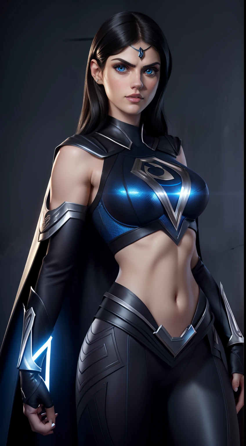 Sexy alexandra daddario as a superheroine shoulder length black hair glowing blue eyes wears a black outfit silver shoulder pads silver bracelets revealing abs midriff a Z symbol on her chest, and a cape portrait photography by artgerm, in the style of realism, glistening skin,, natural lighting, Defined full lips. Muscular fitness feminine body full body