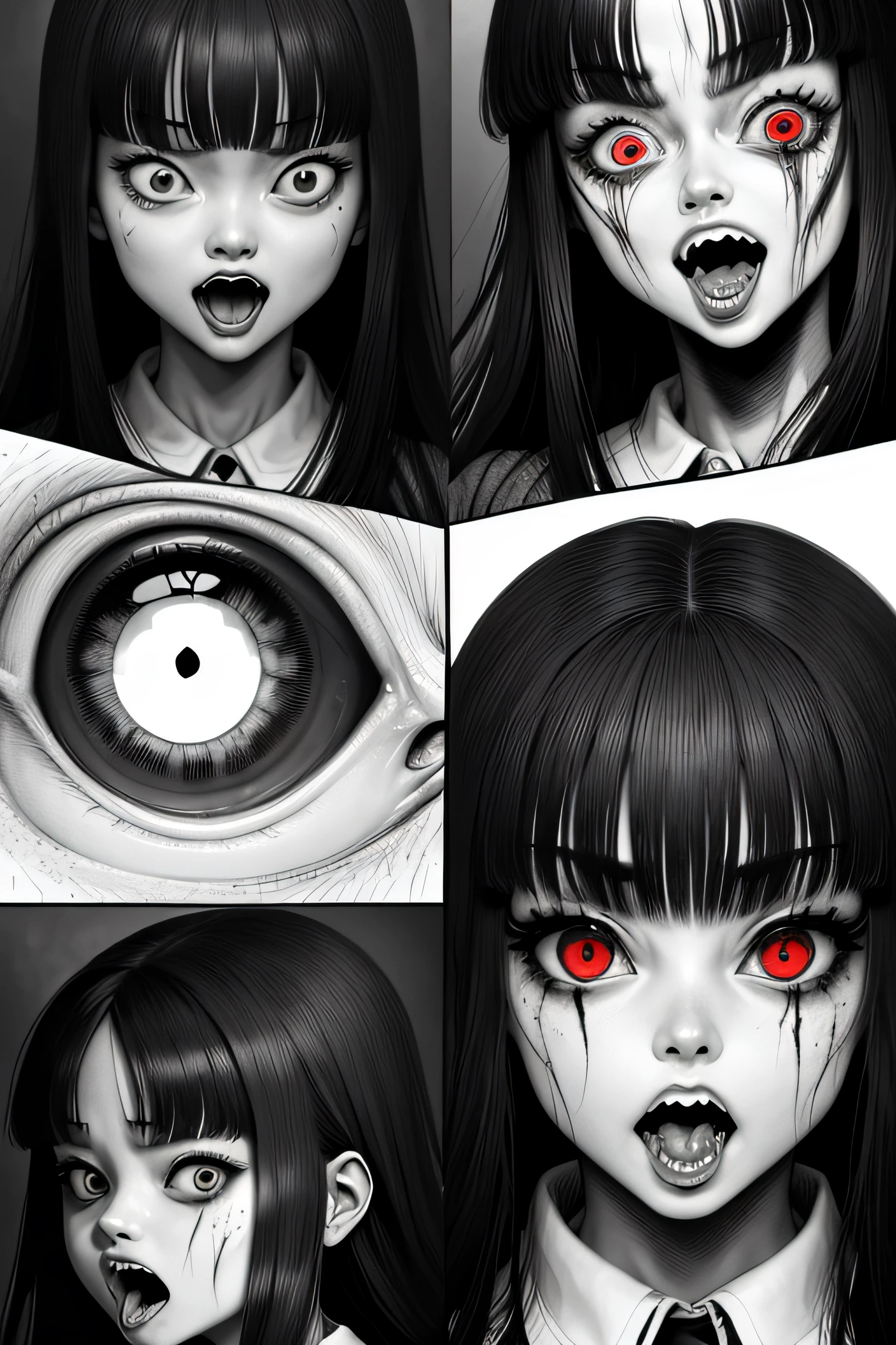 junji ito style, horror manga, black and white, one page manga style layout, no talking bubbles, yokai girl, super creepy, screaming gils who has a crazy eyes and huge mouth and super long black hair, grotesque, disgusting, bloody, terrifying, dynamic manga layout, horror, Junji Ito
