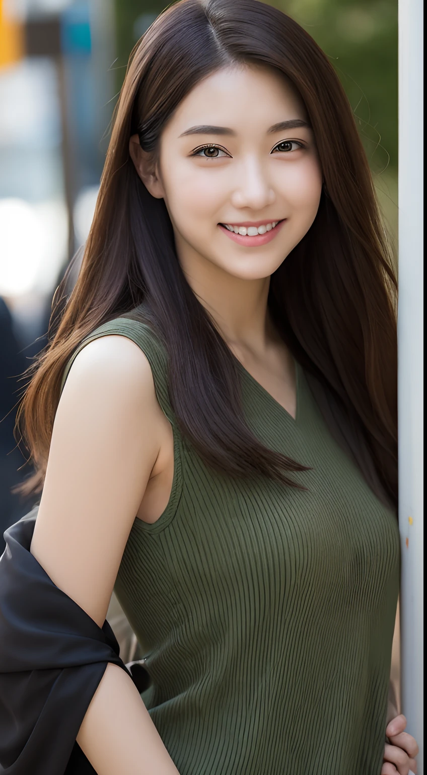 ((best qualtiy,8K,tmasterpiece:1.3)), 1girll, ssmile, full bodyesbian, Slim Faces, Beautiful woman, (dark brown hair), full length dress :1.1, Super detailed face, Detailed eyes, 二重まぶた, blur backgroun, Slim Faces, 城市, do lado de fora, the street,full bodyesbian,full bodyesbian。