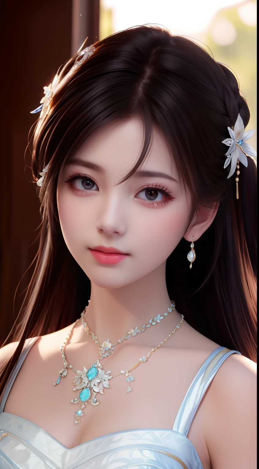 Best Quality, Masterpiece, High Resolution, 1 Girl, Porcelain Dress, Hair Accessories, Necklace, Jewelry, Beautiful Face, Physics, Tyndall Effect, Realistic, Dark Studio, Rim Lighting, Duotone Lighting, (High Detail Skin: 1.2), 8k uhd, DSLR, soft light, high quality, volumetric light, candid, photo, high resolution, 4k, 8k, bokeh