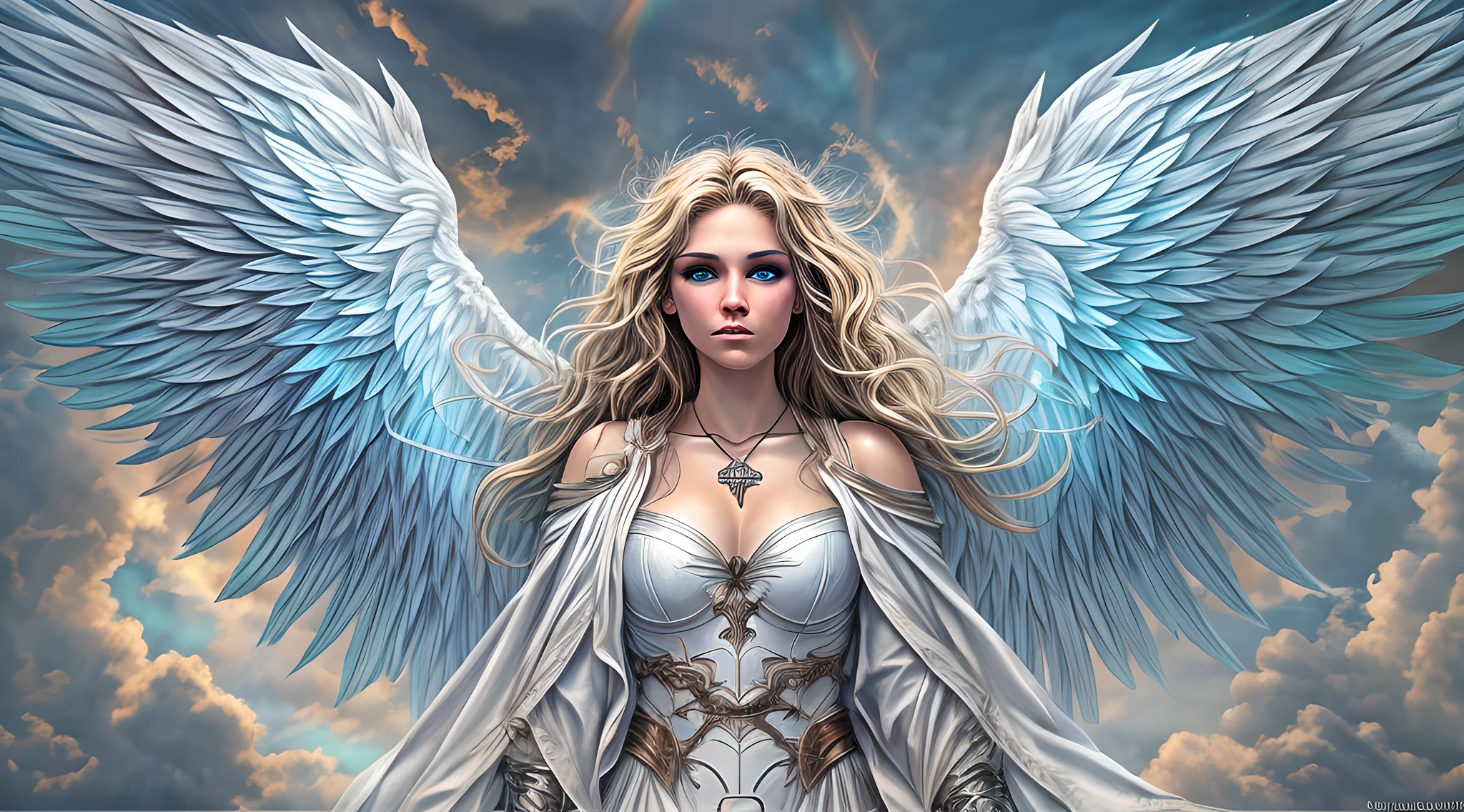 high details, best quality, 16k, [ultra detailed], masterpiece, best quality, dynamic angle, ultra wide shot, RAW, photorealistic, fantasy art, realistic art, a picture of an archangel flying in a the sky between the clouds, fantasy art, RPG art, a full distance shot, full body, an epic beautiful female archangel, blond hair, long hair, (wavy hair: 1.2), (blue eyes: 1.2), intense eyes (best detailed face: 1.3), (ultra feminine: 1.3) spread angelic wings angel_wings,  (rainbow highlights rainbow colored wings: 1.5) wearing heavy armor, (with glowing divine sigils: 1.2), light clouds in the background, a n epic (rainbow: 1.5) between the clouds, 16k, ultra detailed, masterpiece, best quality, ultra detailed, full body, ultra wide shot, photorealistic,