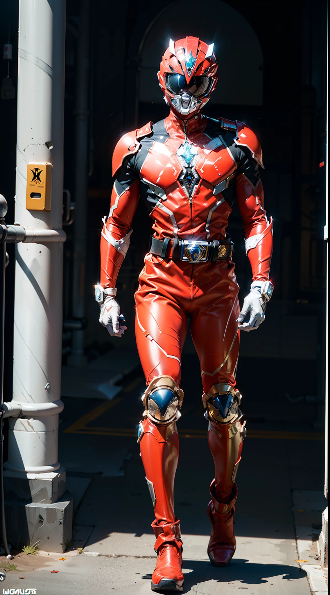 ((power ranger)), One guy、 Red costume, Solo, ((slim figure)), (Anatomically correct), Cowboy Shot, Masked face, (Complex cybersuit of red color), (Intricately designed hero suit), Suits with complex lines, Thin cybersuit with a tight body, long leather gloves up to the white elbows,,,,, Arm cover made of hard material, White Leather Boots, Wearing a full-face helmet, (White belt), (Large metal buckle), (full body suits), (Full face helmet with no exposed face), Crystal embedded in helmet, (Very shiny cybersuit), Cyber suit made of silk, A cybersuit that adheres to the body