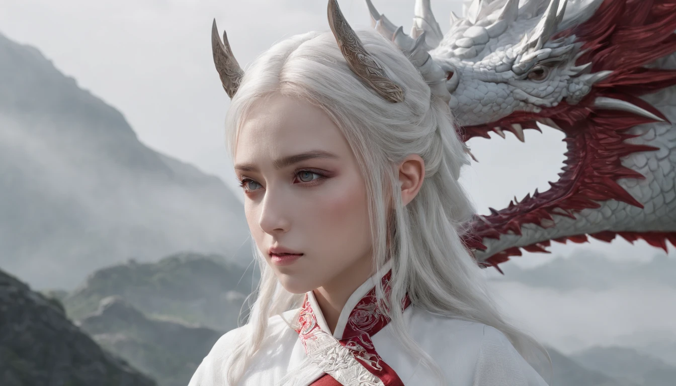 Cirilla Fiona Elen Riannon,动态照明,art stations,poster for,Volumetriclighting,Very detailed faces,4k wallpapers,He has a delicate and beautiful face,long hair flowing,horse tailed,Fringed Hair Ornament,Dynamic perspective,White Hanfu,White gauze flying,red waistband,Sexy,Tradition Chinese Ink Painting,Surrounded by clouds,fog atmosphere,Ride a white dragon,White dragon horn,dynamic viewing angle,电影灯光