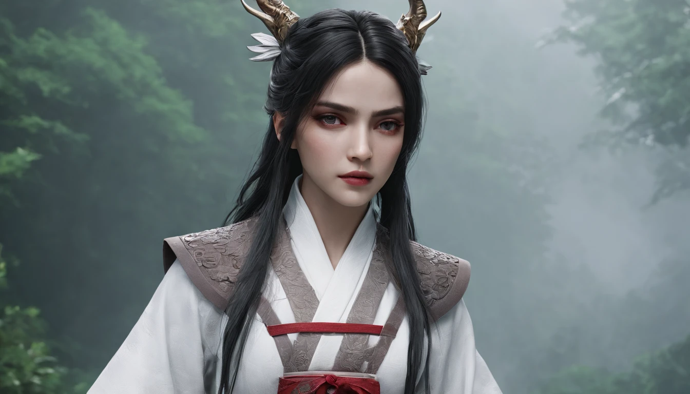 Cirilla Fiona Elen Riannon,动态照明,art stations,poster for,Volumetriclighting,Very detailed faces,4k wallpapers,He has a delicate and beautiful face,long hair flowing,horse tailed,Fringed Hair Ornament,Dynamic perspective,White Hanfu,White gauze flying,red waistband,Sexy,Tradition Chinese Ink Painting,Surrounded by clouds,fog atmosphere,Ride a white dragon,White dragon horn,dynamic viewing angle,电影灯光
