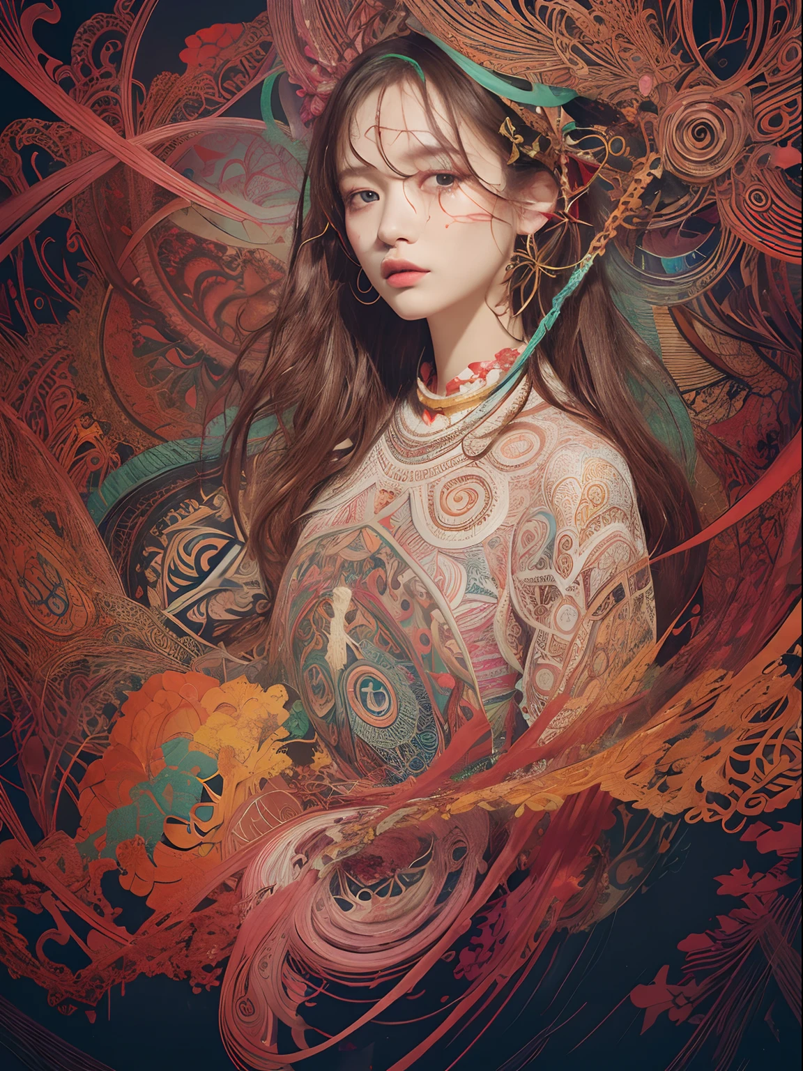 Official Art、unity 8k wall paper、ultra-detailliert、Beautifully Aesthetic、full-body view、​masterpiece、top-quality、(Zentangle、a Mandala、Tangles、Tangles)、(Fractal Art:1.3)、One Girl、ighly detailed、Dynamic angles、Cowboy Shots、The most beautiful forms chaos、elegent、Brutalist design、Vibrant colors、romantism、James Jean、roby dwi antono、by Ross Tran、Francis Bacon、Michal Muratz、Adrian Guyney、petra cortright、Gerhard Richter、Takato Yamamoto、Ashley Wood、atmosphere、ecstasy musical notes、Streaming music notes are visible